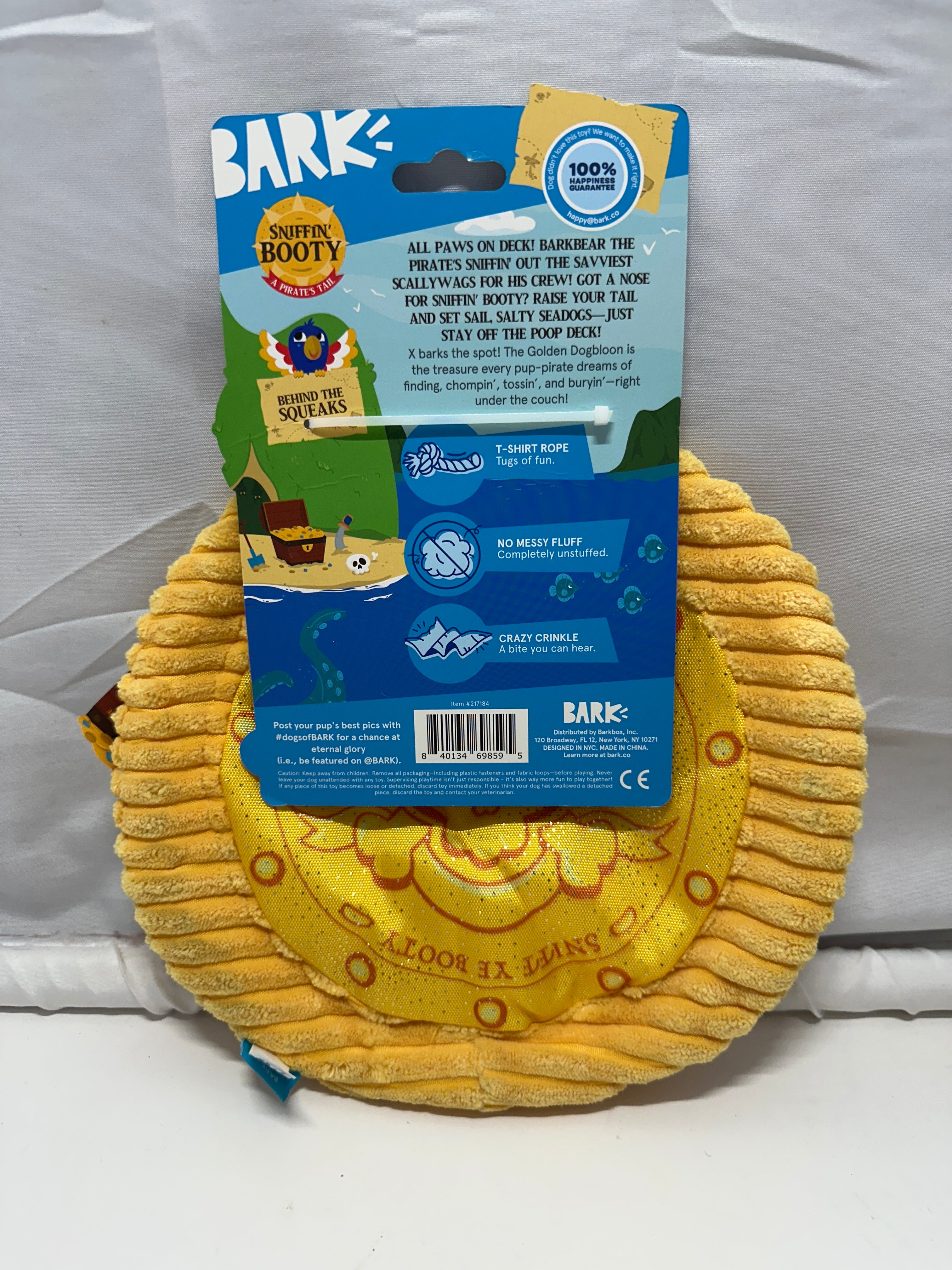 BARK Sniffin' Booty Pirate Dog Toy Gold Crinkle Rope Plush All Sizes