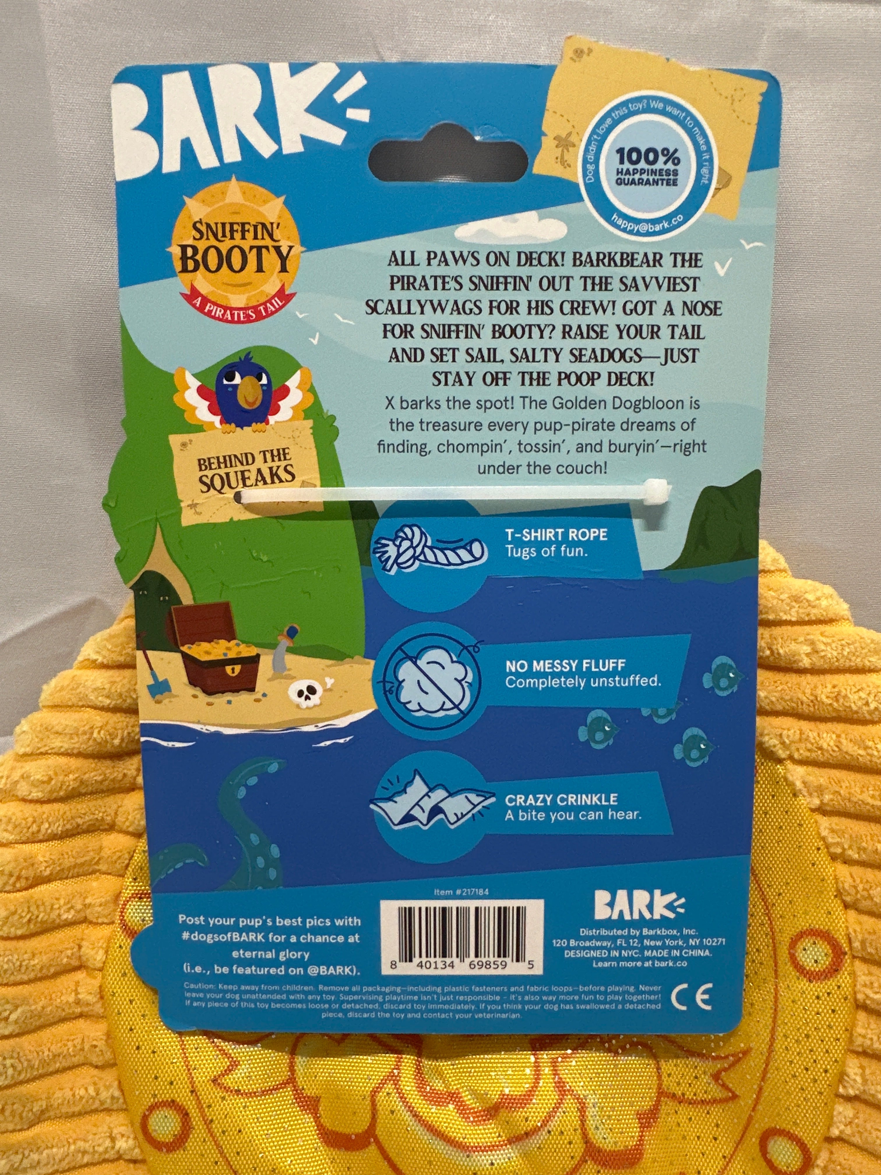 BARK Sniffin' Booty Pirate Dog Toy Gold Crinkle Rope Plush All Sizes