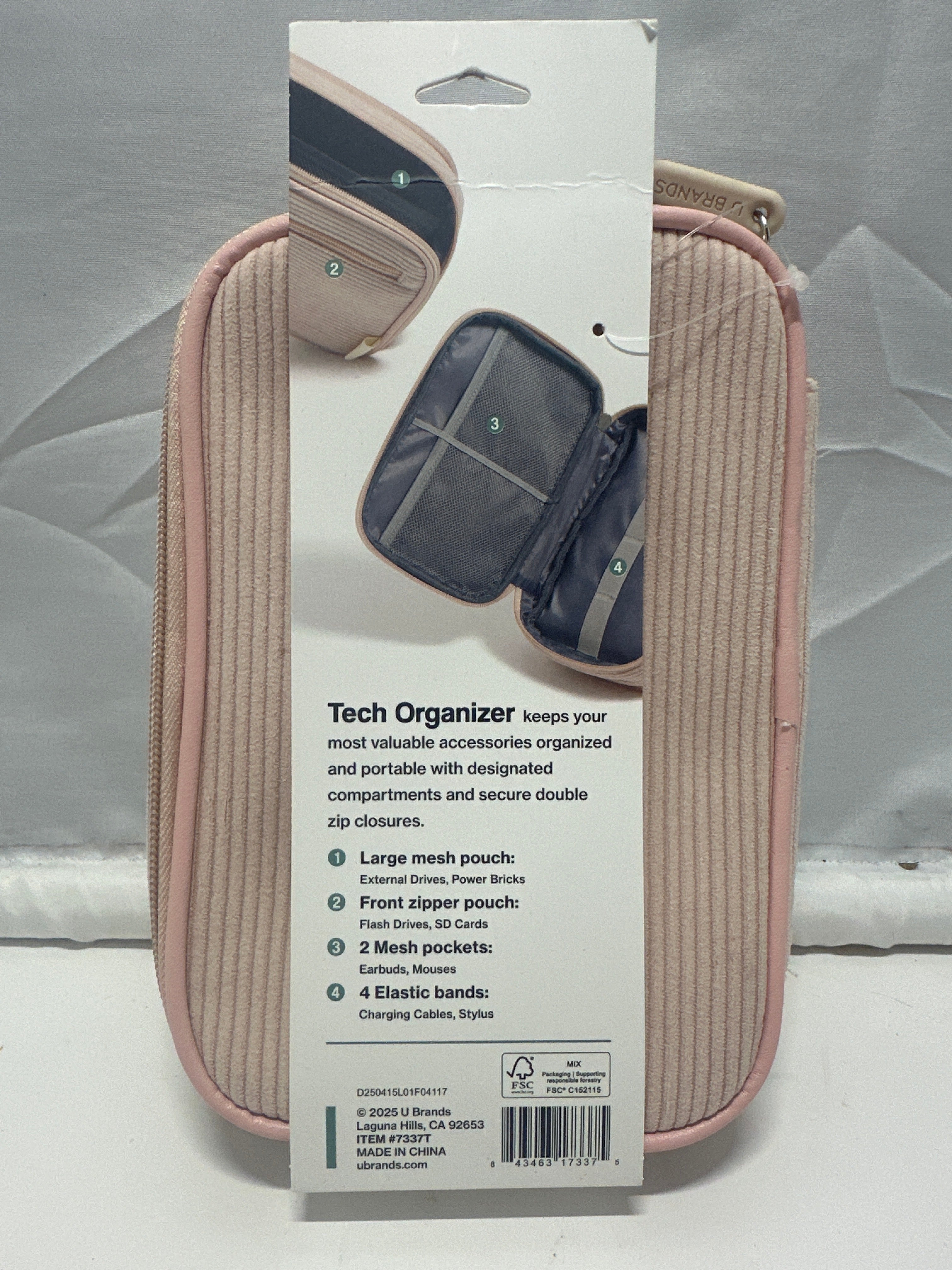 U Brands Tech Organizer Case Pink Corduroy Travel Cable Accessory Storage