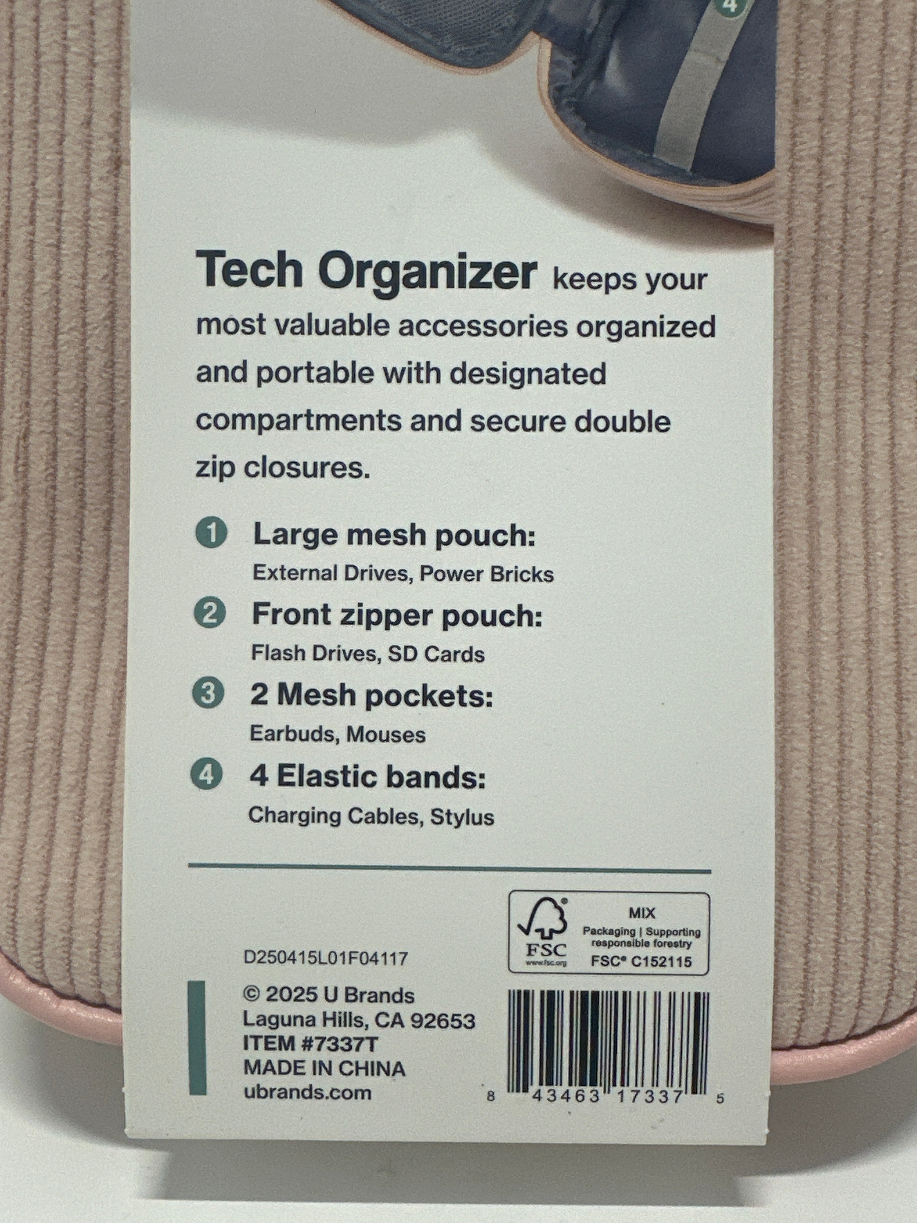 U Brands Tech Organizer Case Pink Corduroy Travel Cable Accessory Storage