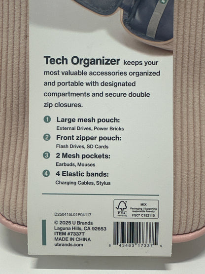 U Brands Tech Organizer Case Pink Corduroy Travel Cable Accessory Storage