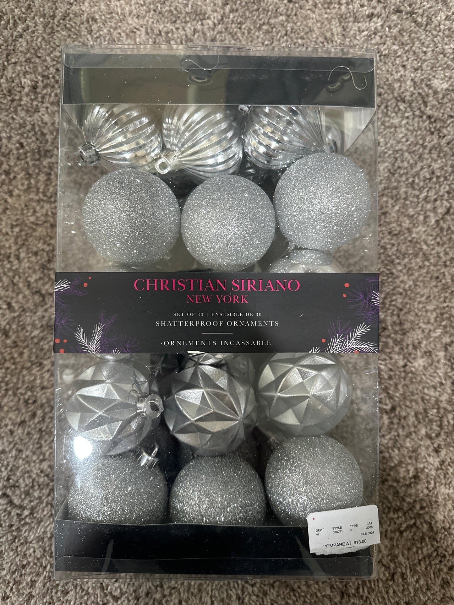 Christian Siriano Shatterproof Ornaments Set of 30 Silver