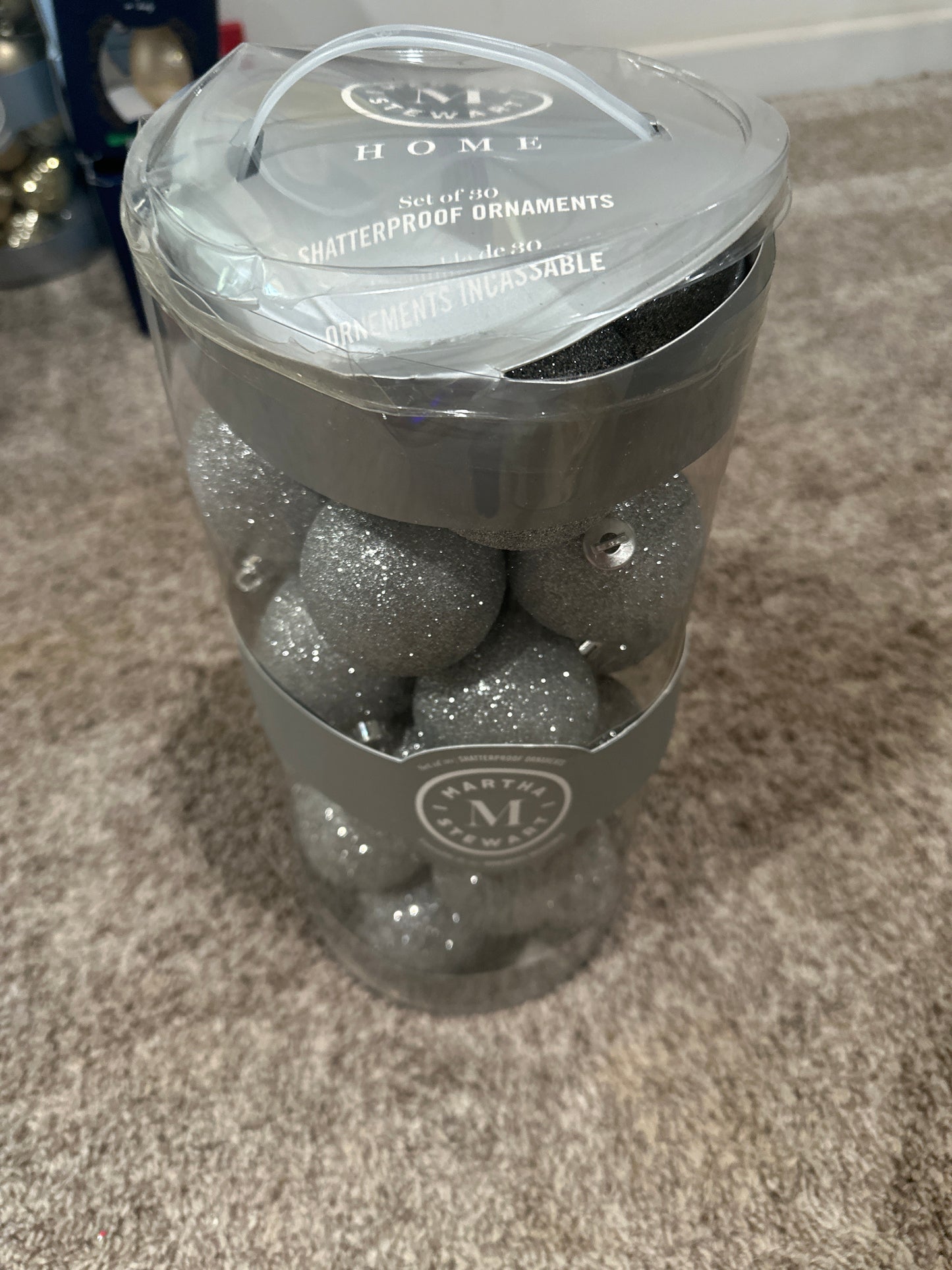 Martha Stewart Silver glitter ornaments