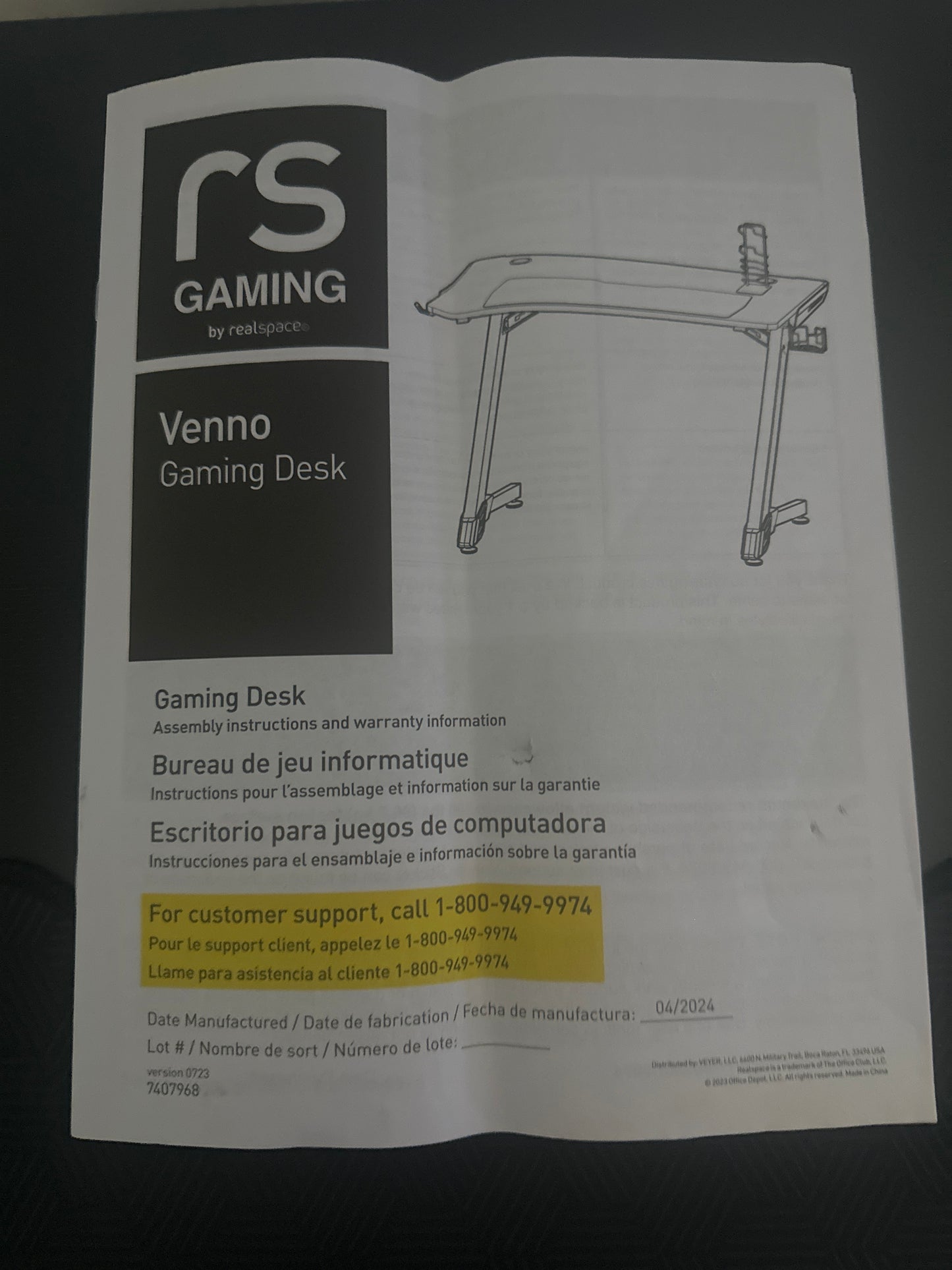 RS Gaming Venno Gaming Desk Black Cup Holder Headphone Hook Mouse Pad