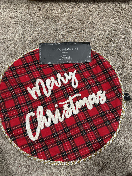 TAHARI HOME Red Tartan Plaid MERRY CHRISTMAS 15" Round Placemats (SET OF 4)