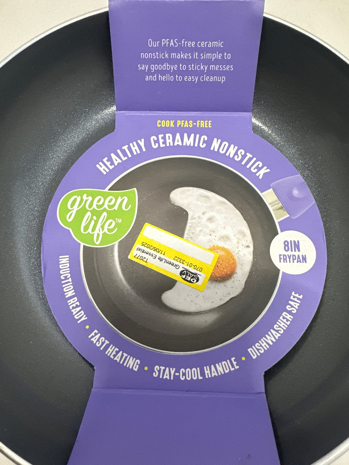 GreenLife purple 8-inch frypan feature label