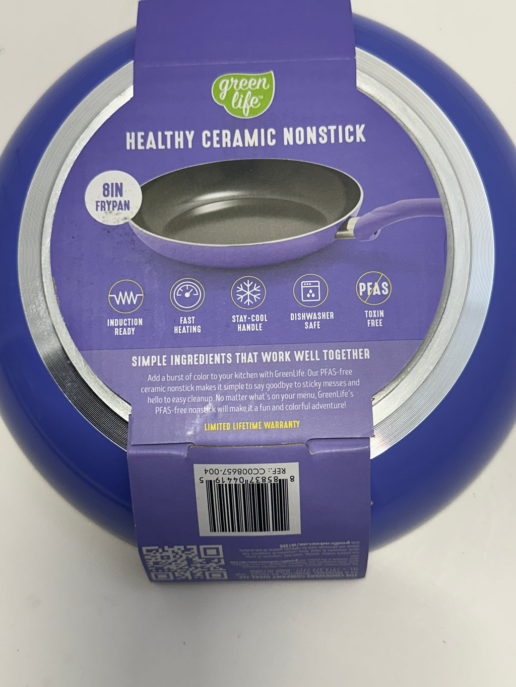 GreenLife purple 8-inch frypan care and UPC details