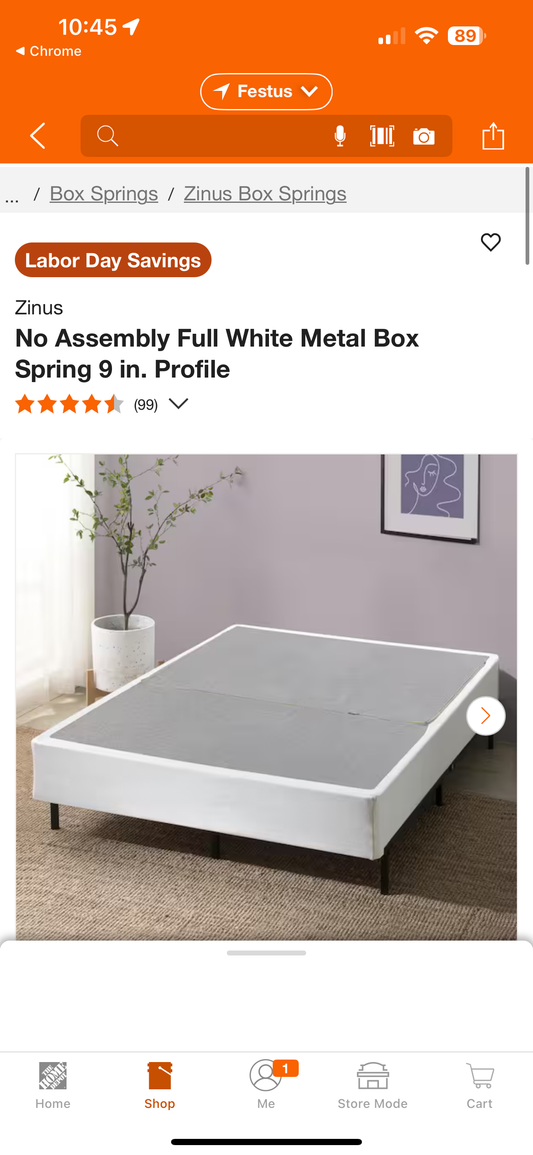 Zinus No Assembly Full White Metal Box Spring 9 inch Profile