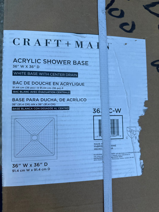CRAFT + MAIN 36 in. L x 36 in. W Shower Pan Base with Center Drain in White