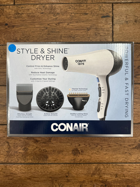 Conair Style & Shine Hair Dryer, 1875 Watts, Diffuser, Concentrator & Detangler Attachments