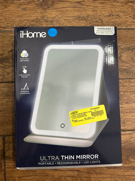 iHome Travel Shatterproof Mirror with Light and Adjustable Stand, Rechargeable Battery White