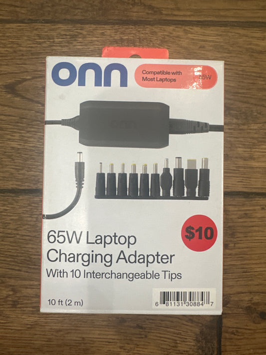 onn 65W Laptop Charger with 10 Interchangeable Tips, 10ft Power Cord, for HP, Dell, Lenovo, Grey