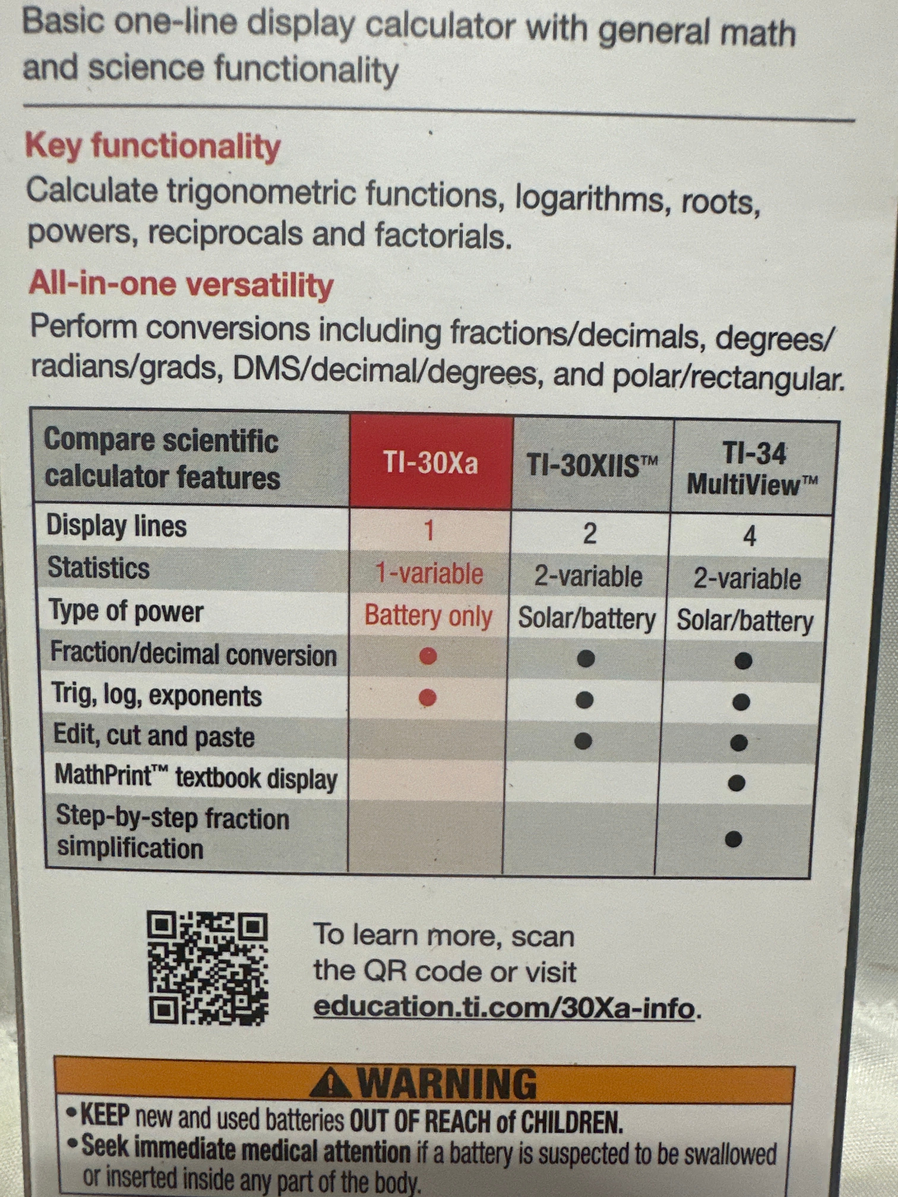 Texas Instruments TI-30Xa Scientific Calculator SAT ACT Approved