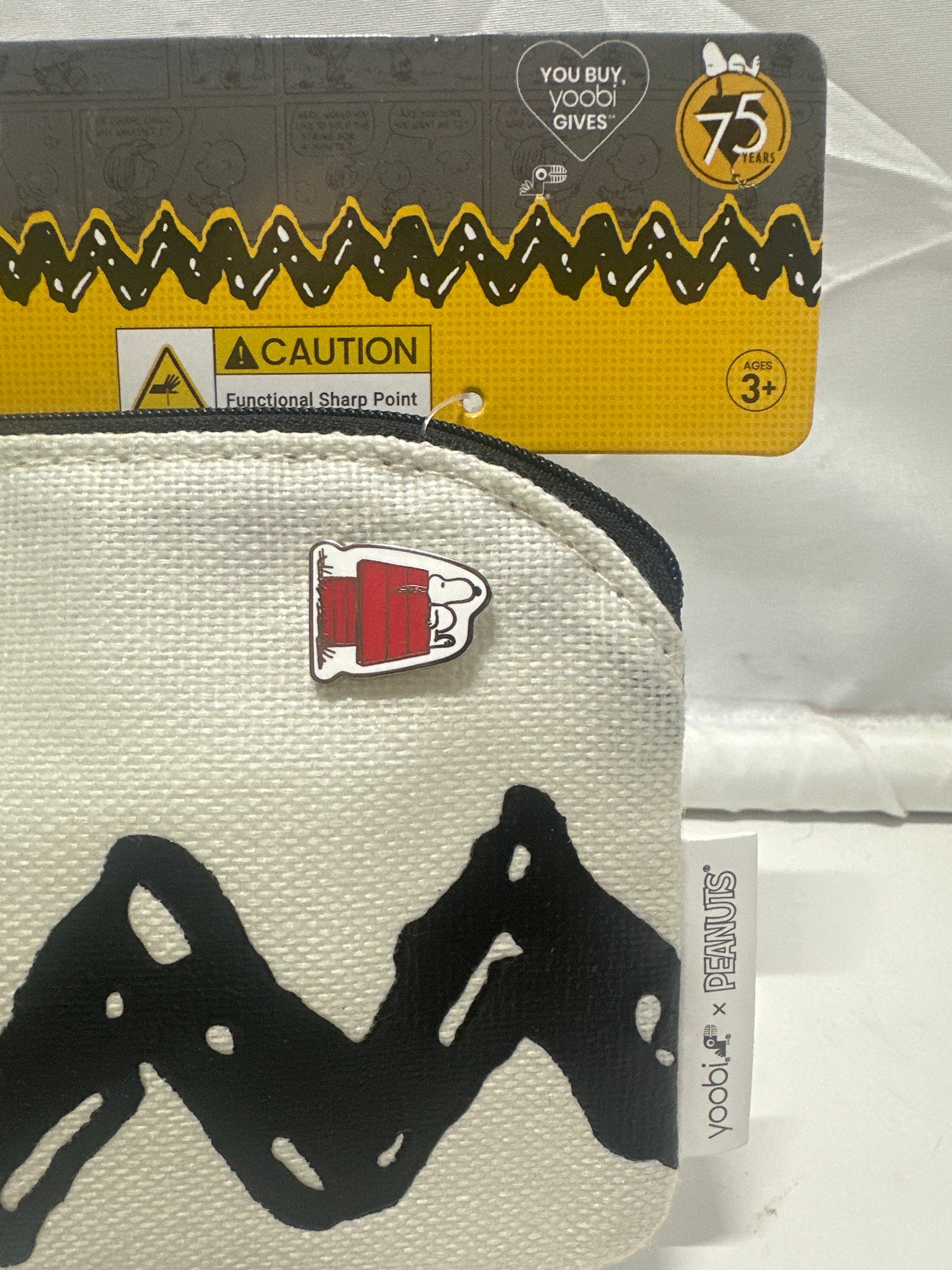 Yoobi x Peanuts Snoopy Pencil Case With Pin Canvas Black White Zip Pouch