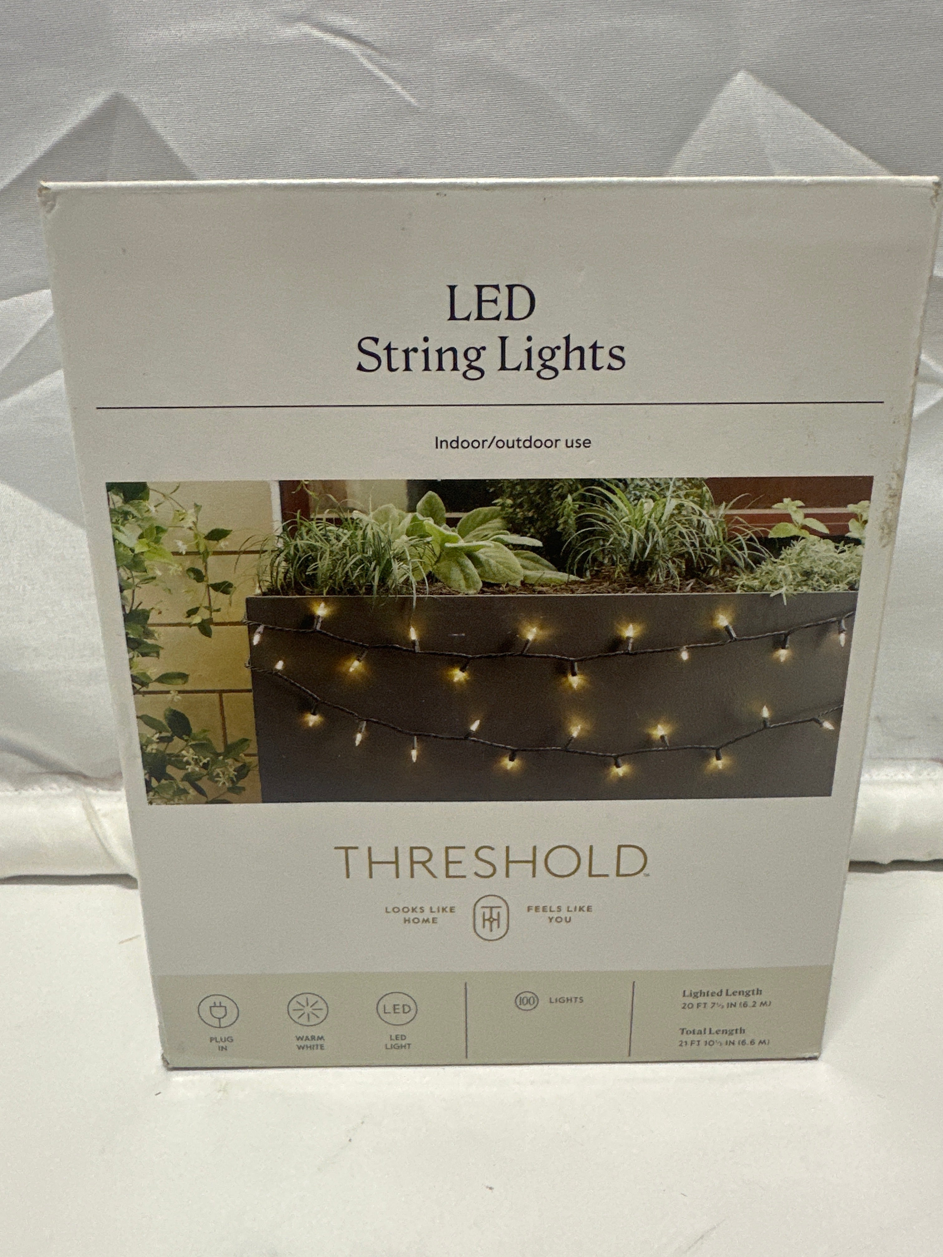 Threshold 100 Count Warm White LED String Lights Indoor Outdoor 20 Ft Black Wire