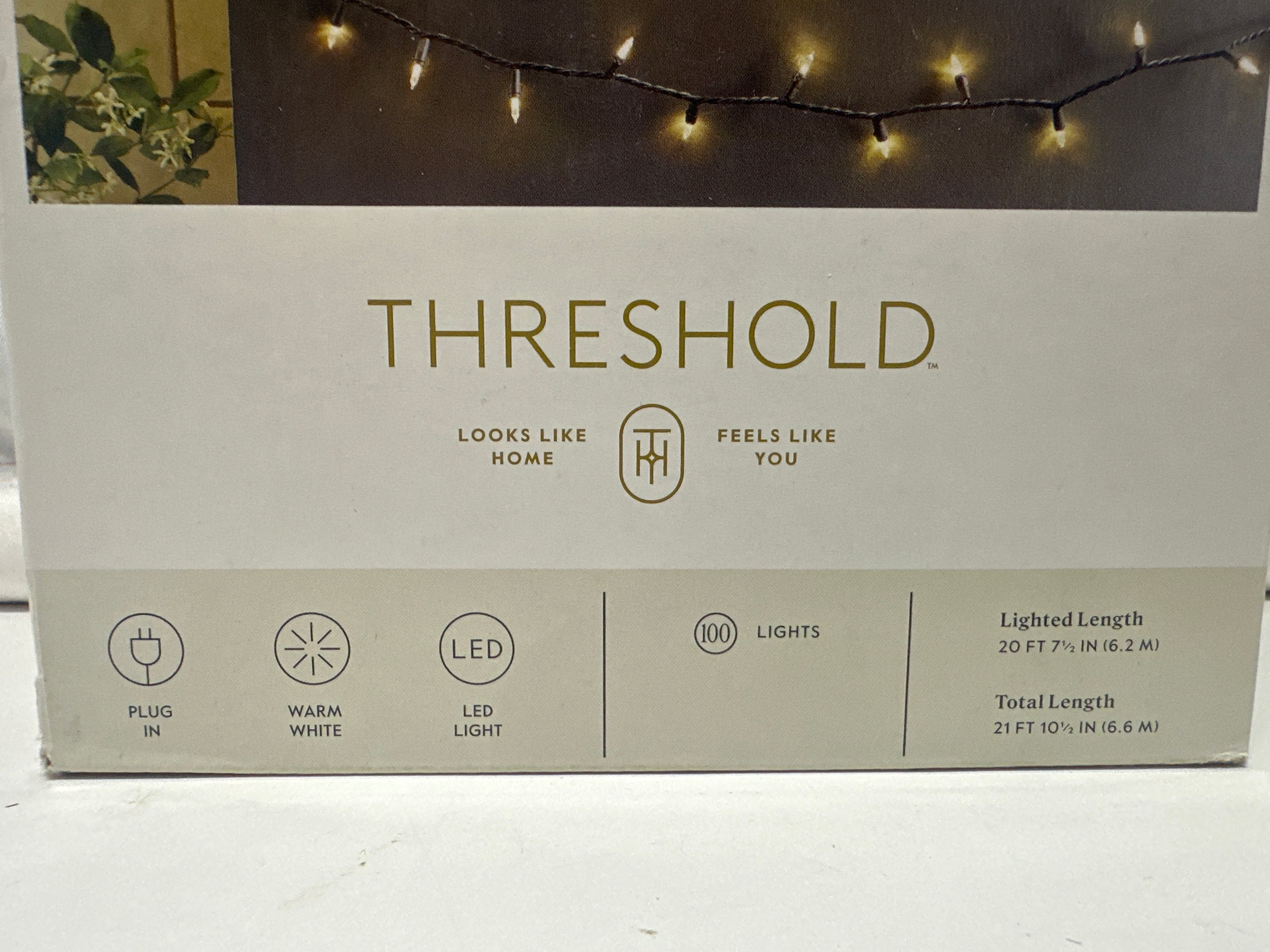 Threshold 100 Count Warm White LED String Lights Indoor Outdoor 20 Ft Black Wire
