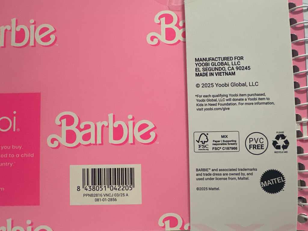 Barbie x Yoobi 1 Subject Spiral Notebook With Pen Wide Ruled 100 Sheets Pink