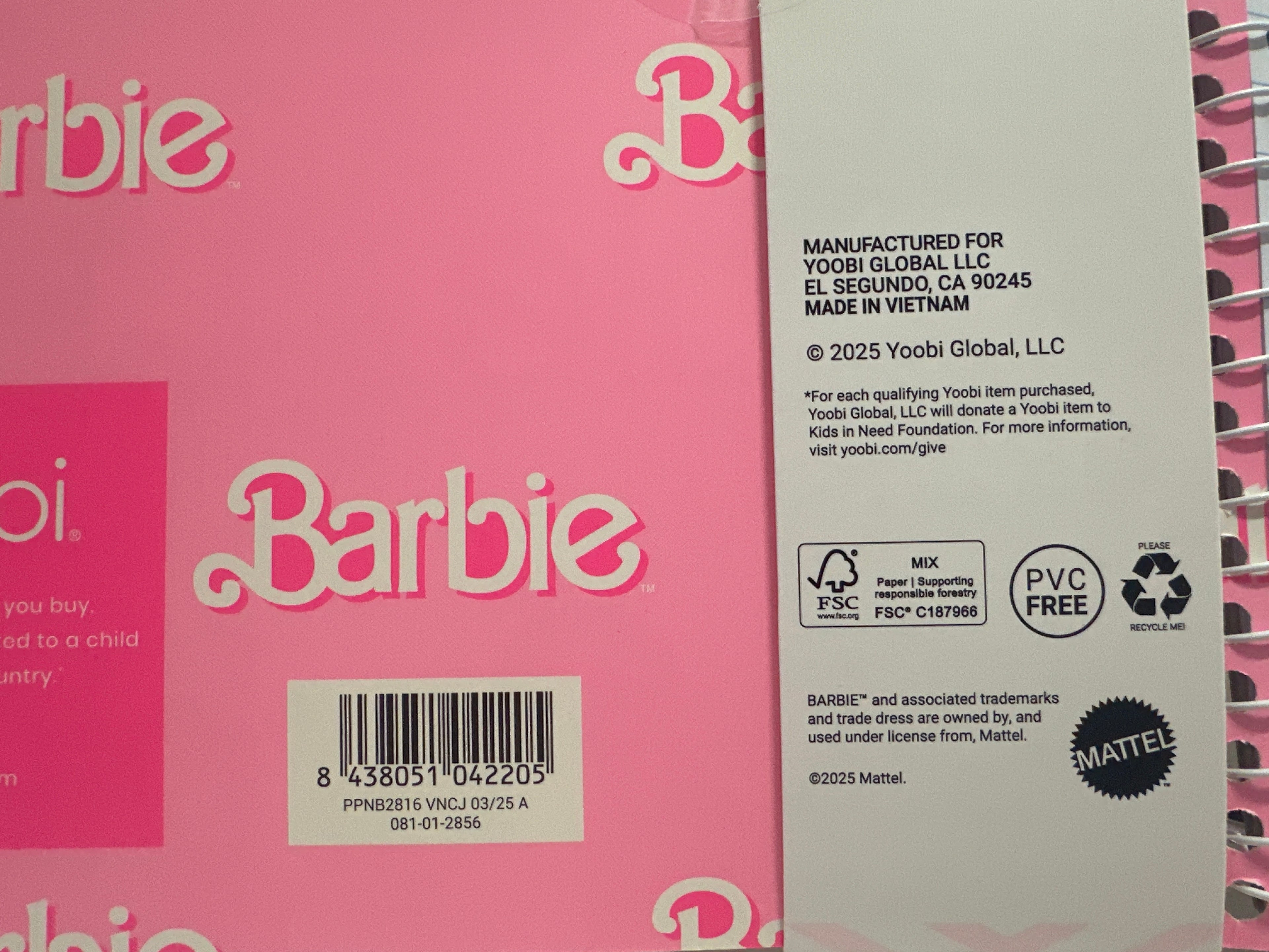 Barbie x Yoobi 1 Subject Spiral Notebook With Pen Wide Ruled 100 Sheets Pink