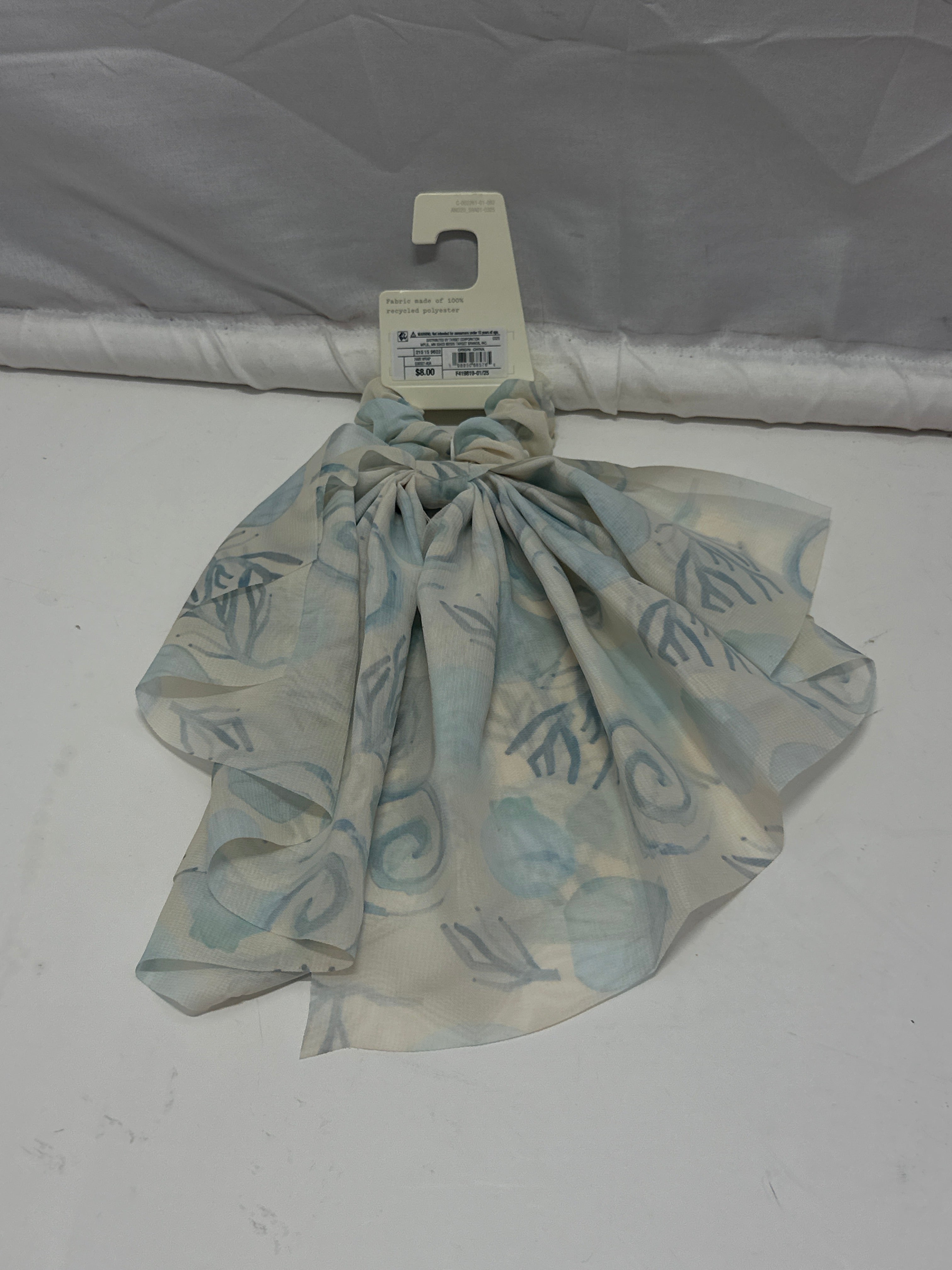 A New Day Blue Floral Chiffon Hair Wrap Scrunchie Bow Scarf Hair Elastic