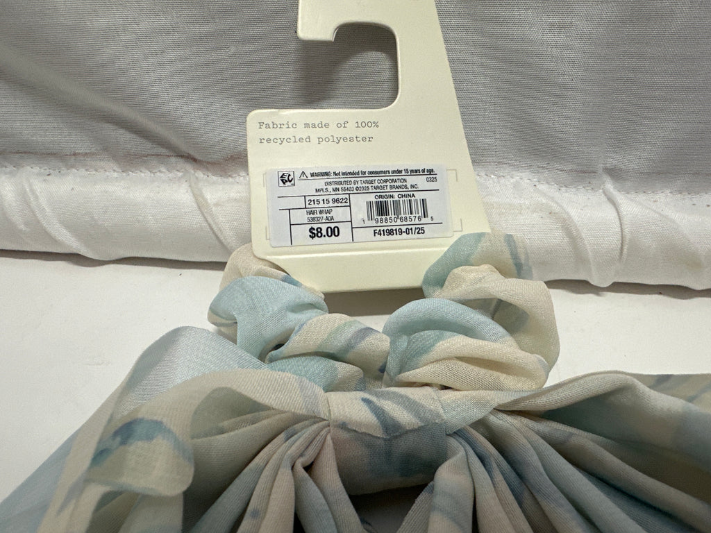 A New Day Blue Floral Chiffon Hair Wrap Scrunchie Bow Scarf Hair Elastic