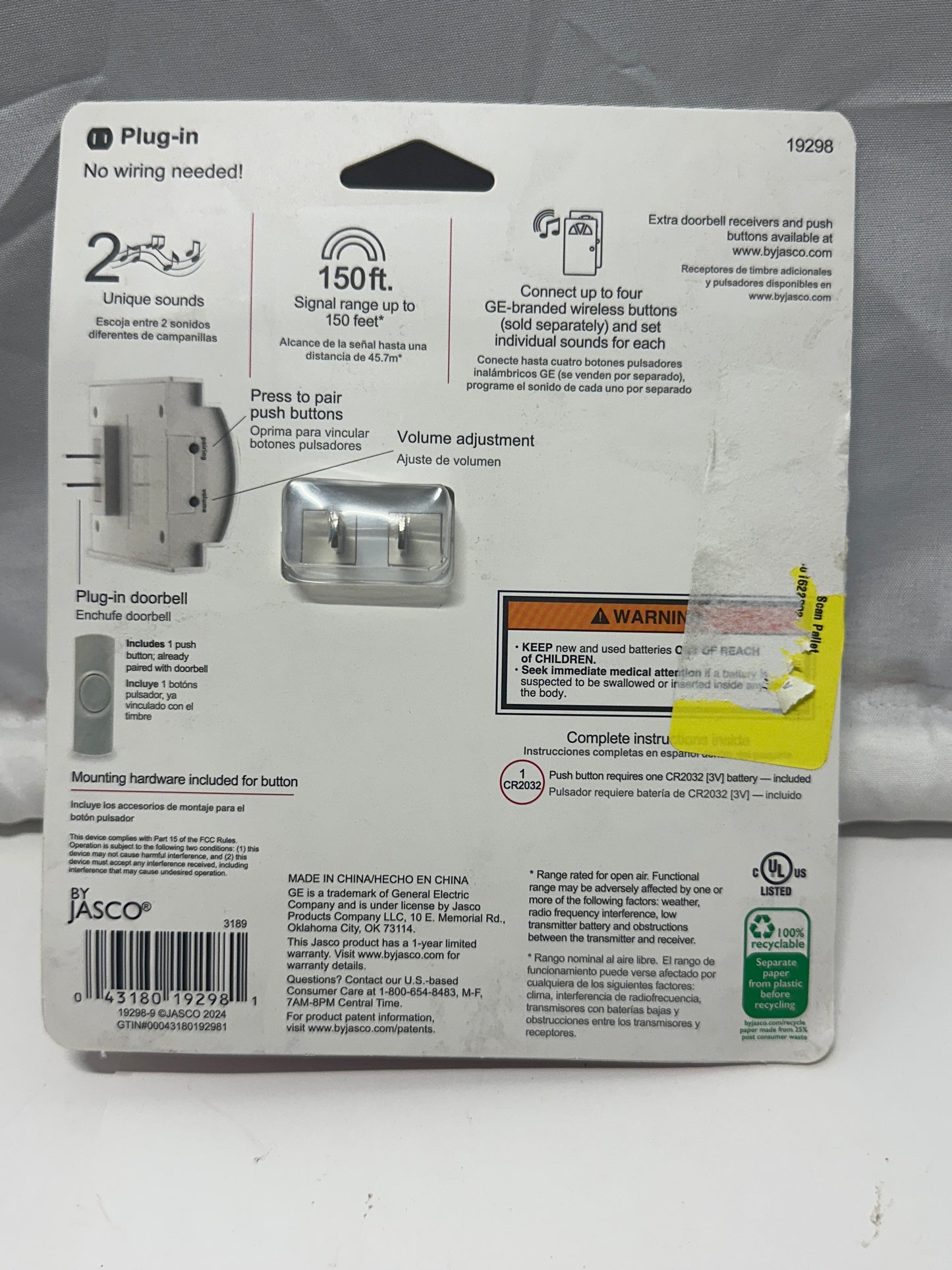 GE Wireless Plug-In Doorbell Kit 19298 White 150 Ft Range 2 Chimes New