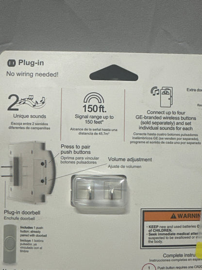 GE Wireless Plug-In Doorbell Kit 19298 White 150 Ft Range 2 Chimes New