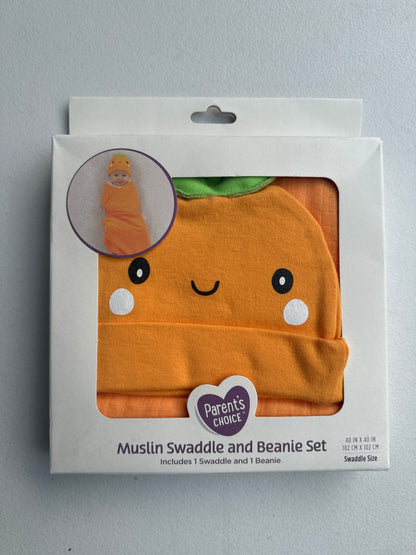 Parent's Choice Orange, Pumpkin, Muslin Swaddle Beanie Set, Infant Boy or Girl, Unisex