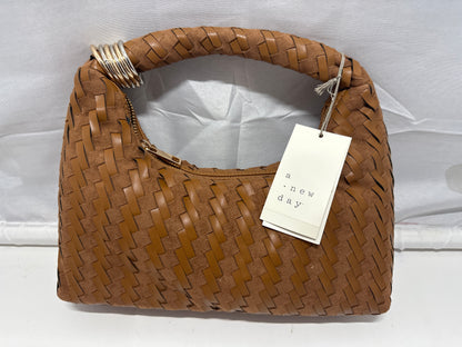 A New Day Brown Woven Mini Hobo Handbag Faux Leather Zip Top NWT