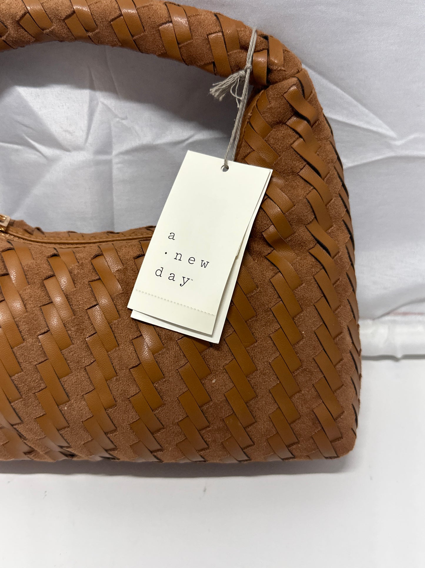 A New Day Brown Woven Mini Hobo Handbag Faux Leather Zip Top NWT