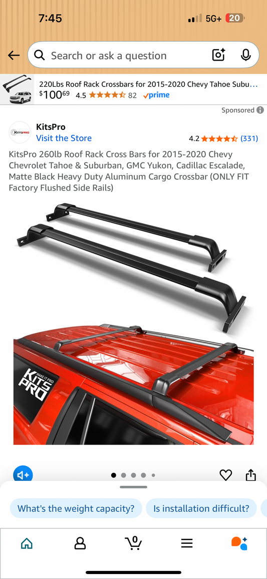KitsPro 260lb Roof Rack Cross Bars for 2015-2020 Chevy Chevrolet Tahoe & Suburban, GMC Yukon, Cadillac Escalade, Matte Black Heavy Duty Aluminum Cargo Crossbar (ONLY FIT Factory Flushed Side Rails)