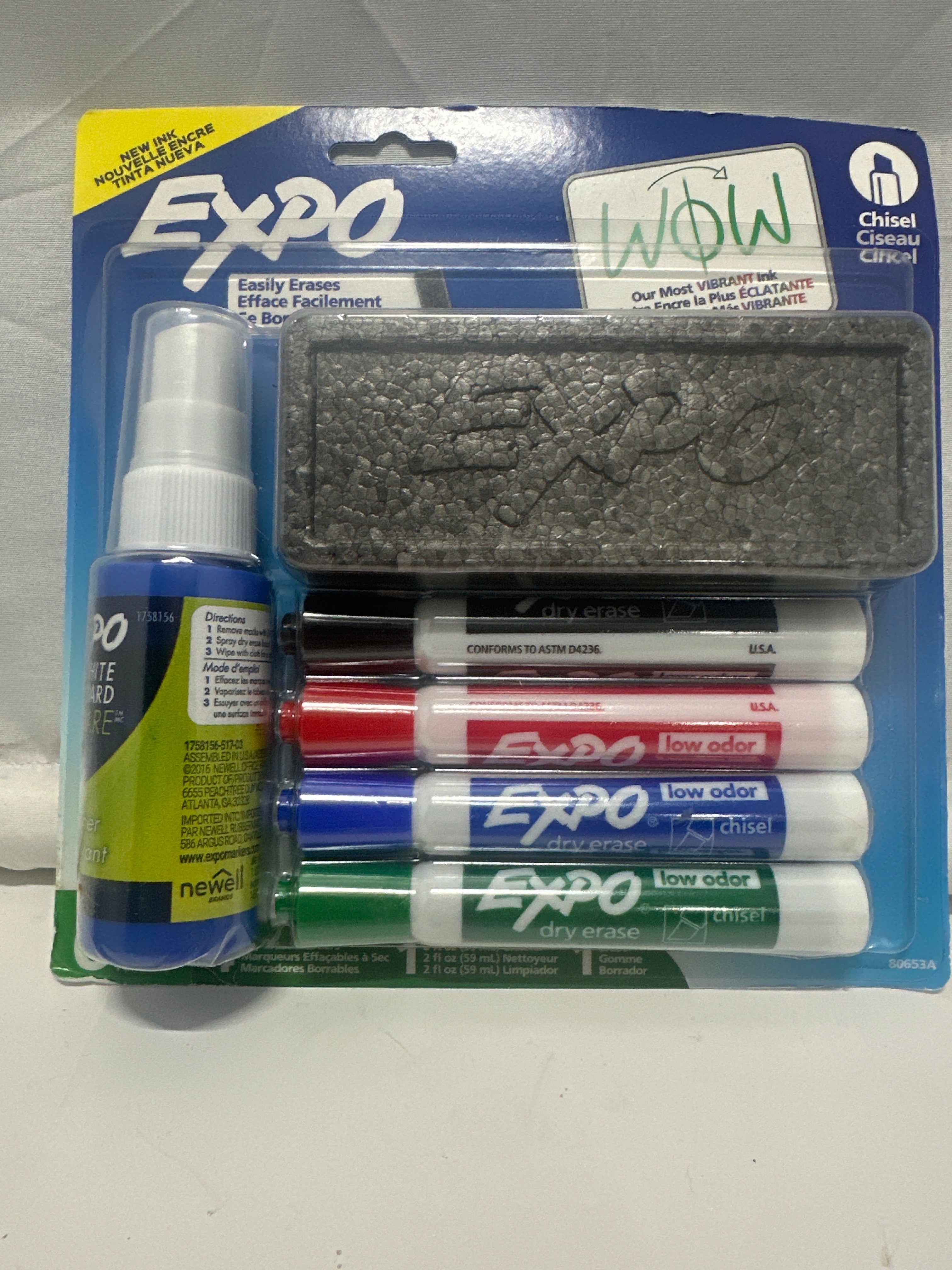 EXPO Dry Erase Marker Kit Chisel Tip 4 Markers Cleaner Eraser Assorted Colors