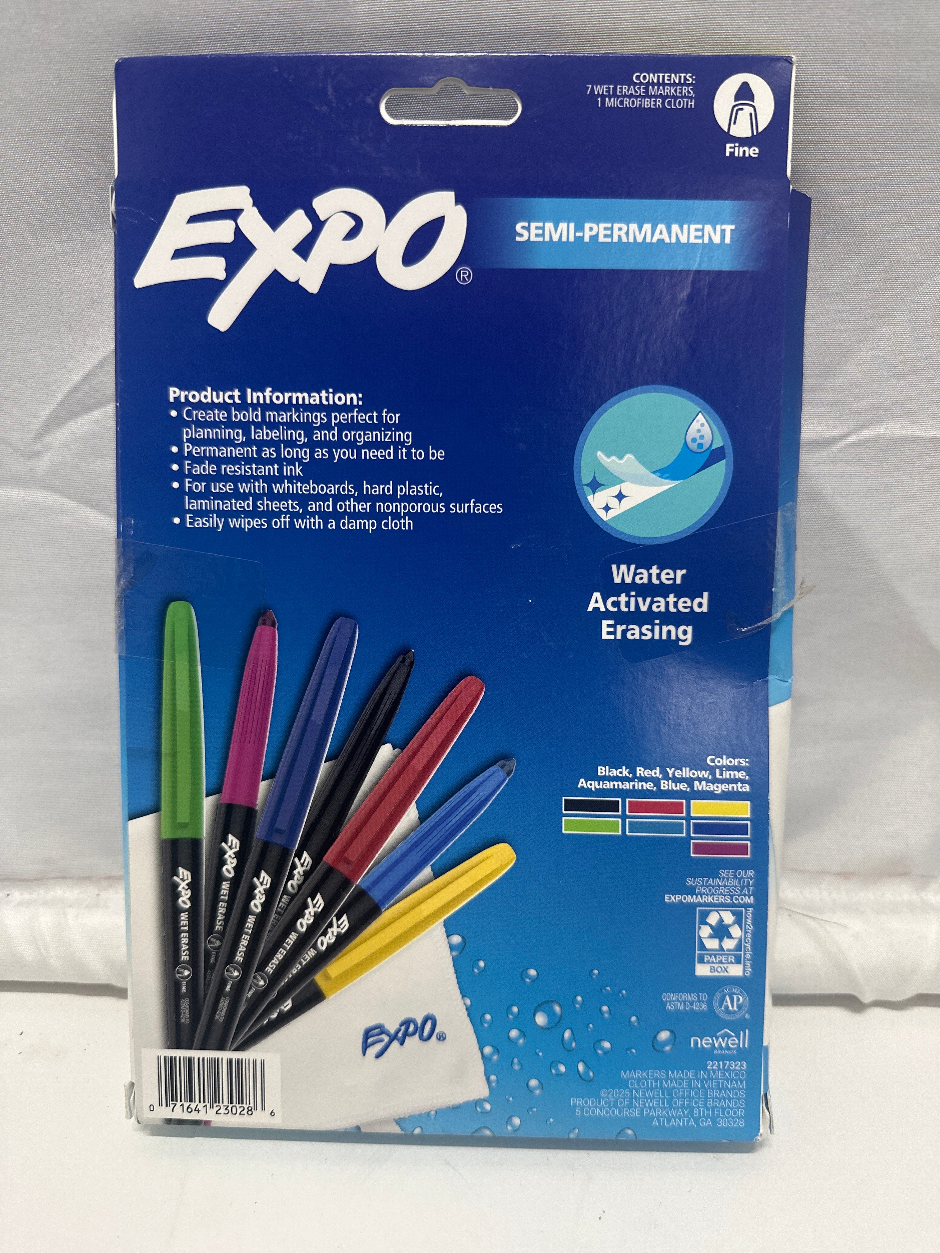 Expo Semi-Permanent Wet Erase Markers Fine Tip 7 Count with Microfiber Cloth