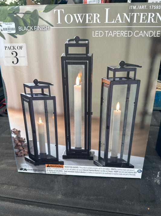 Evergreen LED Tapered Candle Tower Lantern, 3 Count (Black Finish)
