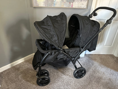 BABY JOY Double Stroller, Foldable Lightweight Twin Stroller with Tandem Seating, Adjustable Backrest/Canopy/Footrest, 5-Point Harness, Storage Basket, Newborn and Toddler (Black)