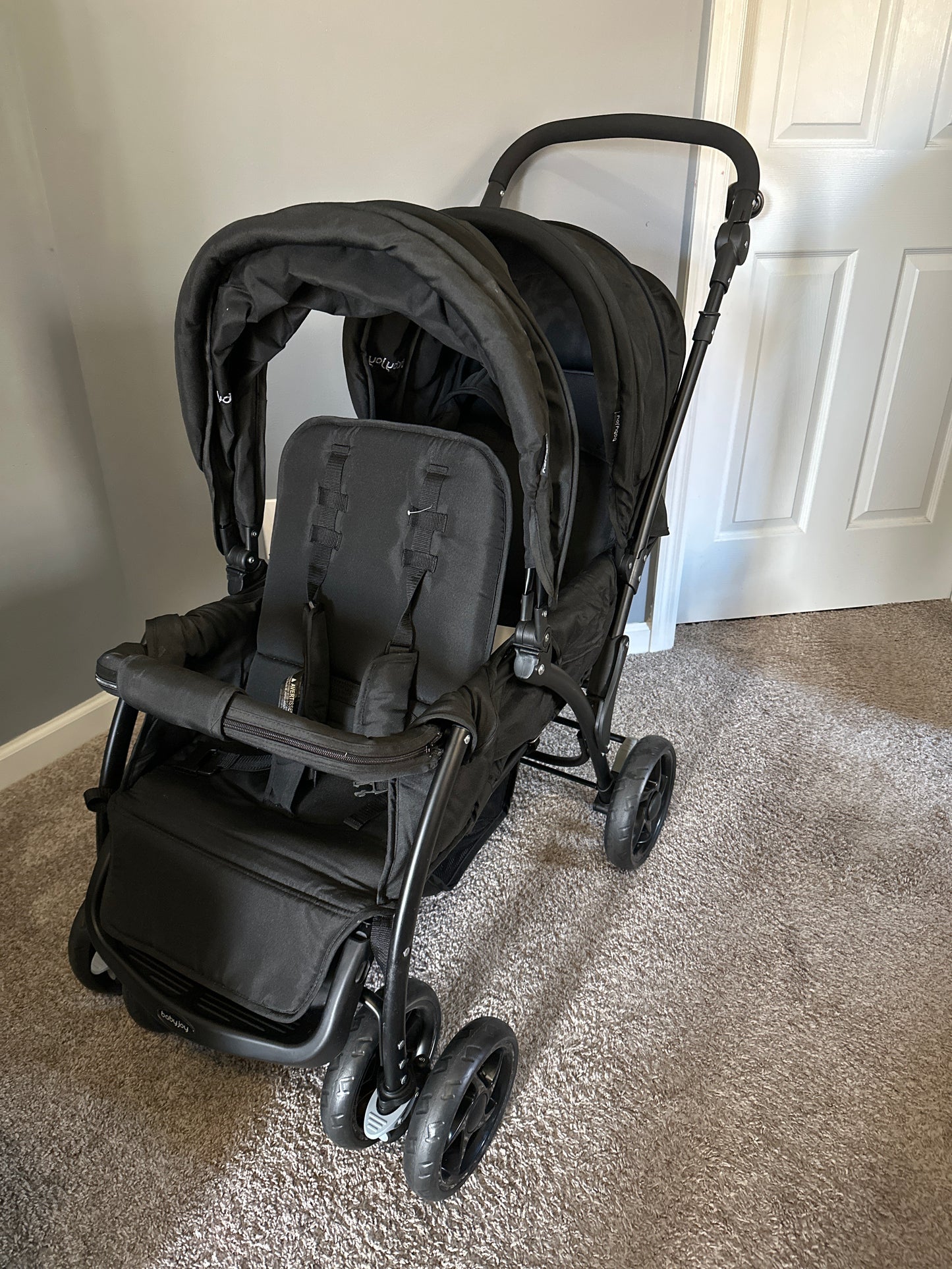 BABY JOY Double Stroller, Foldable Lightweight Twin Stroller with Tandem Seating, Adjustable Backrest/Canopy/Footrest, 5-Point Harness, Storage Basket, Newborn and Toddler (Black)