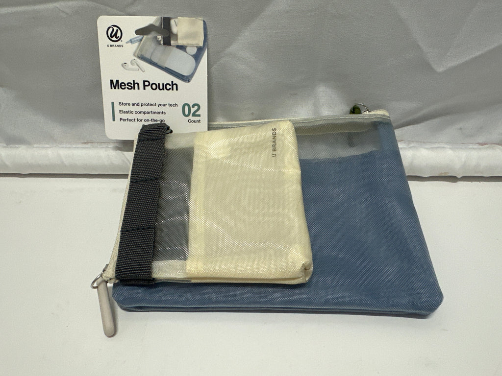 U Brands Mesh Tech Pouch 2 Pack Blue Beige Zipper Accessory Bags New