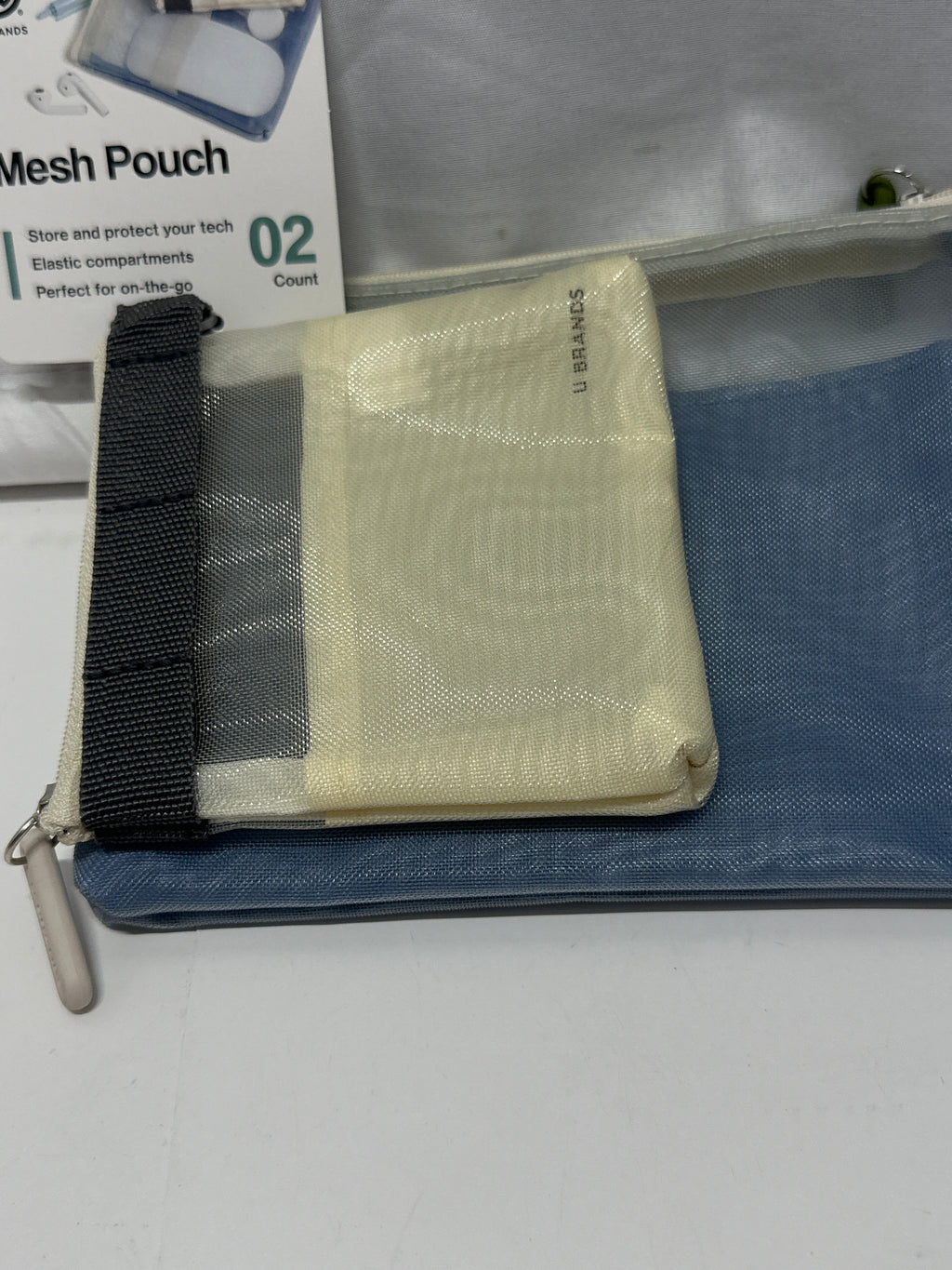 U Brands Mesh Tech Pouch 2 Pack Blue Beige Zipper Accessory Bags New