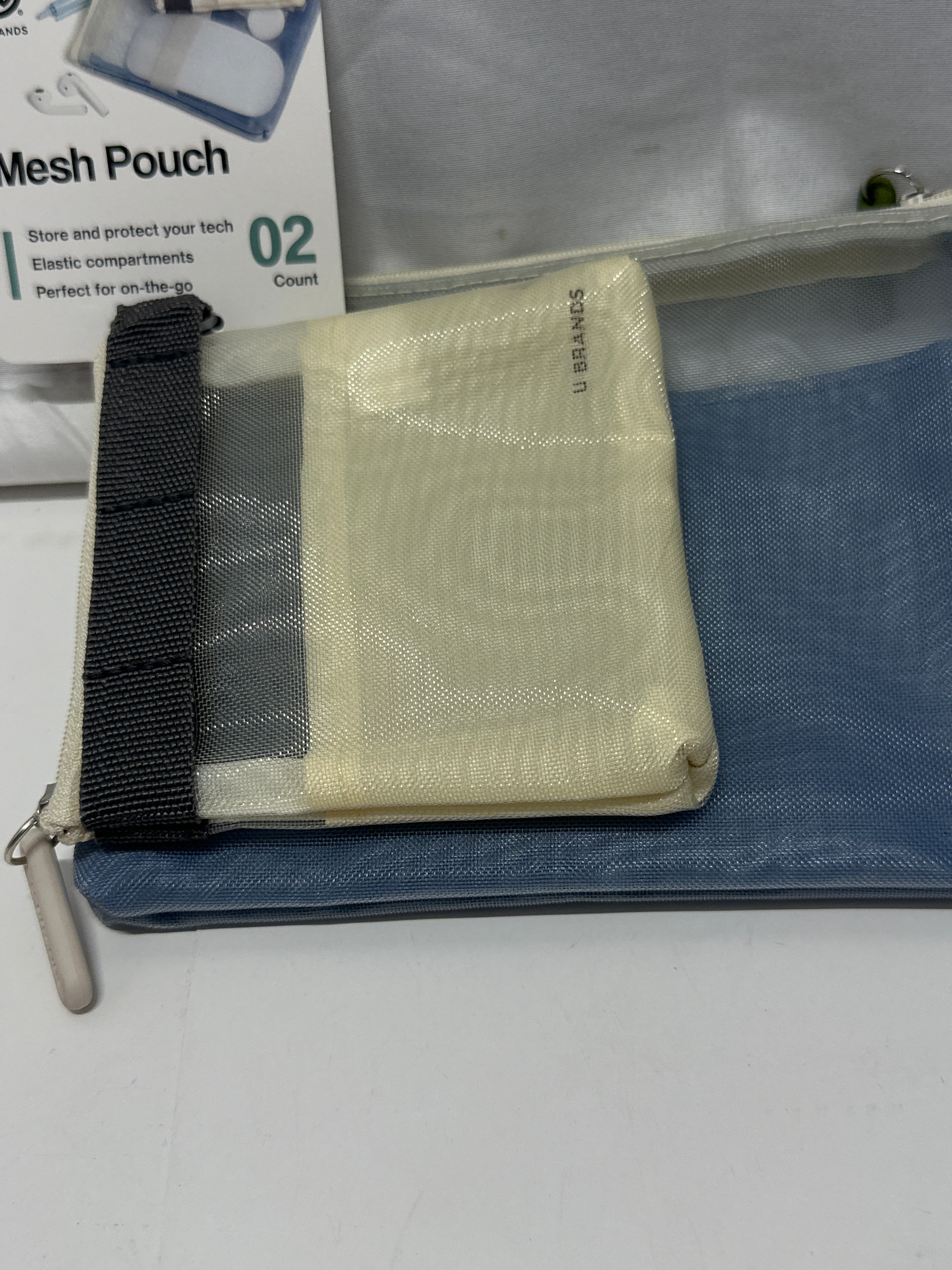 U Brands Mesh Tech Pouch 2 Pack Blue Beige Zipper Accessory Bags New