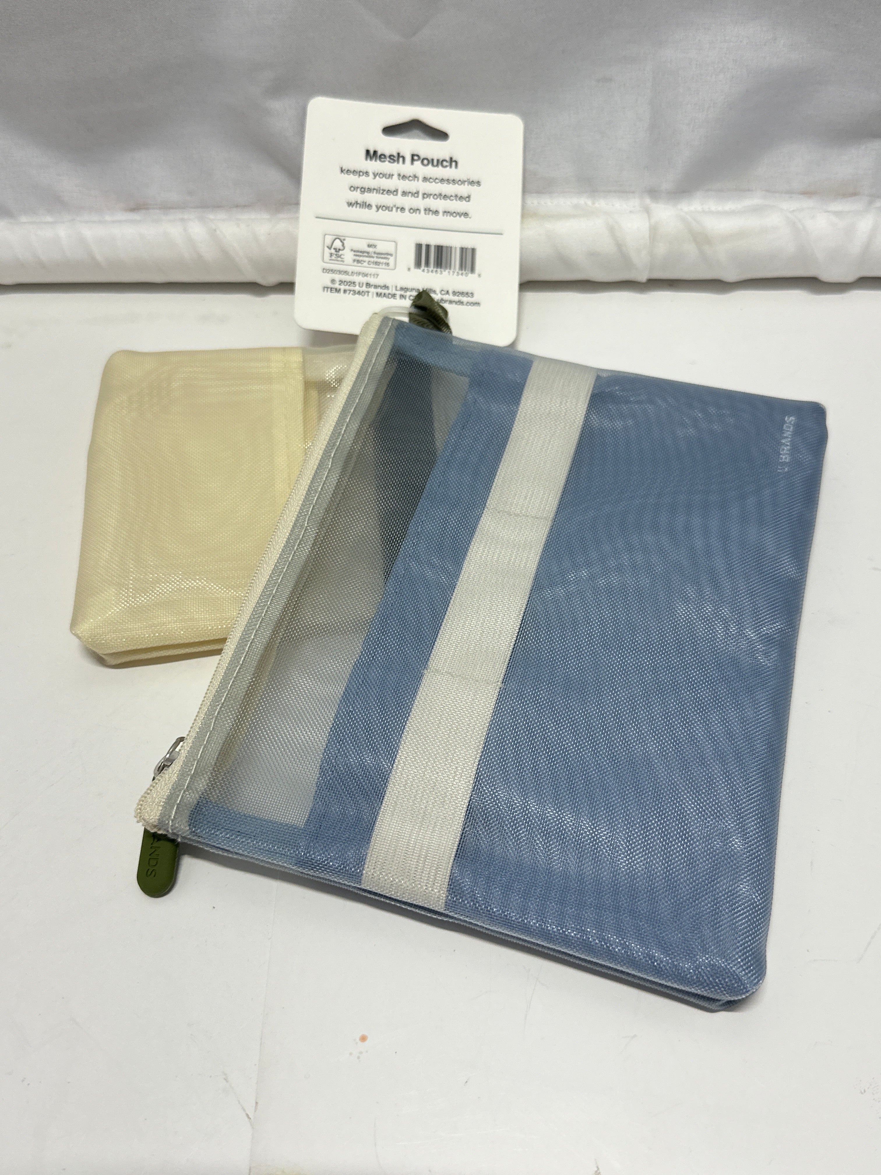 U Brands Mesh Tech Pouch 2 Pack Blue Beige Zipper Accessory Bags New