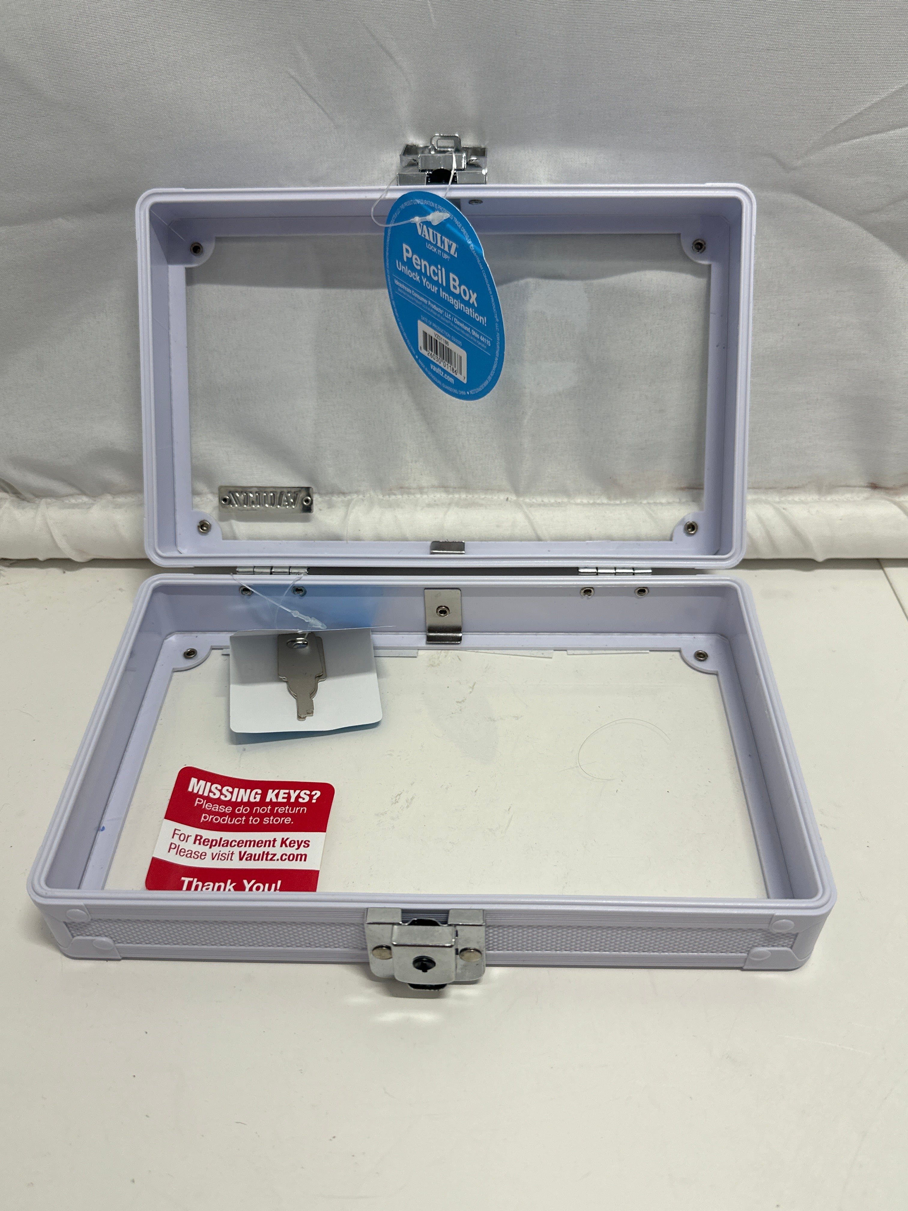 Vaultz Locking Pencil Box Lavender Metal Storage Case w Keys Clear Lid New