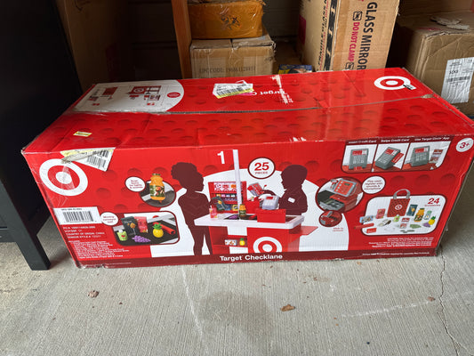 Target Toy Checklane: Pretend Shopping Accessories, Play Money, Toy Cash Register(missing sign and pole)