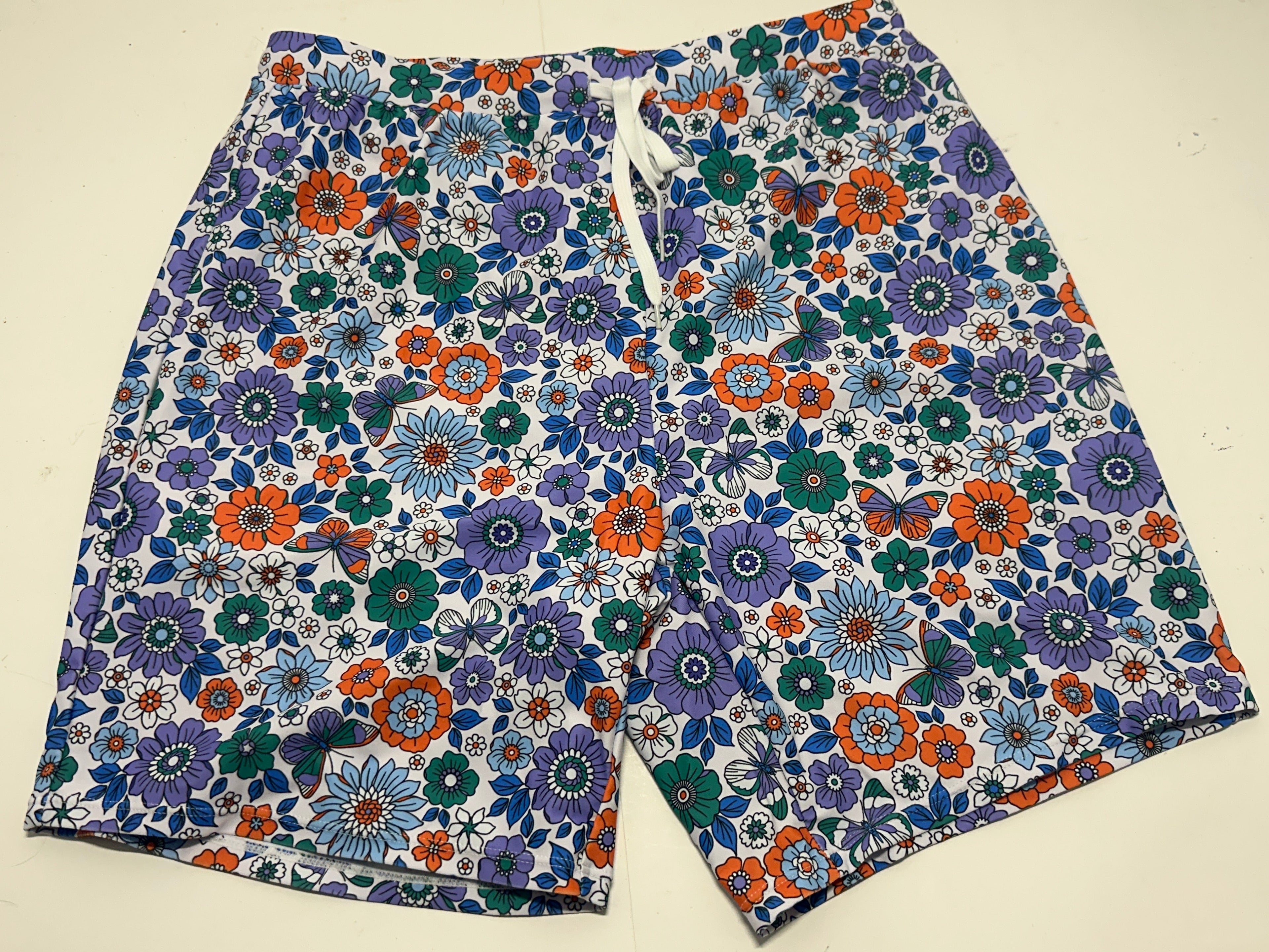 PatPat Men's Floral Butterfly Swim Trunks Board Shorts Blue Orange NWT