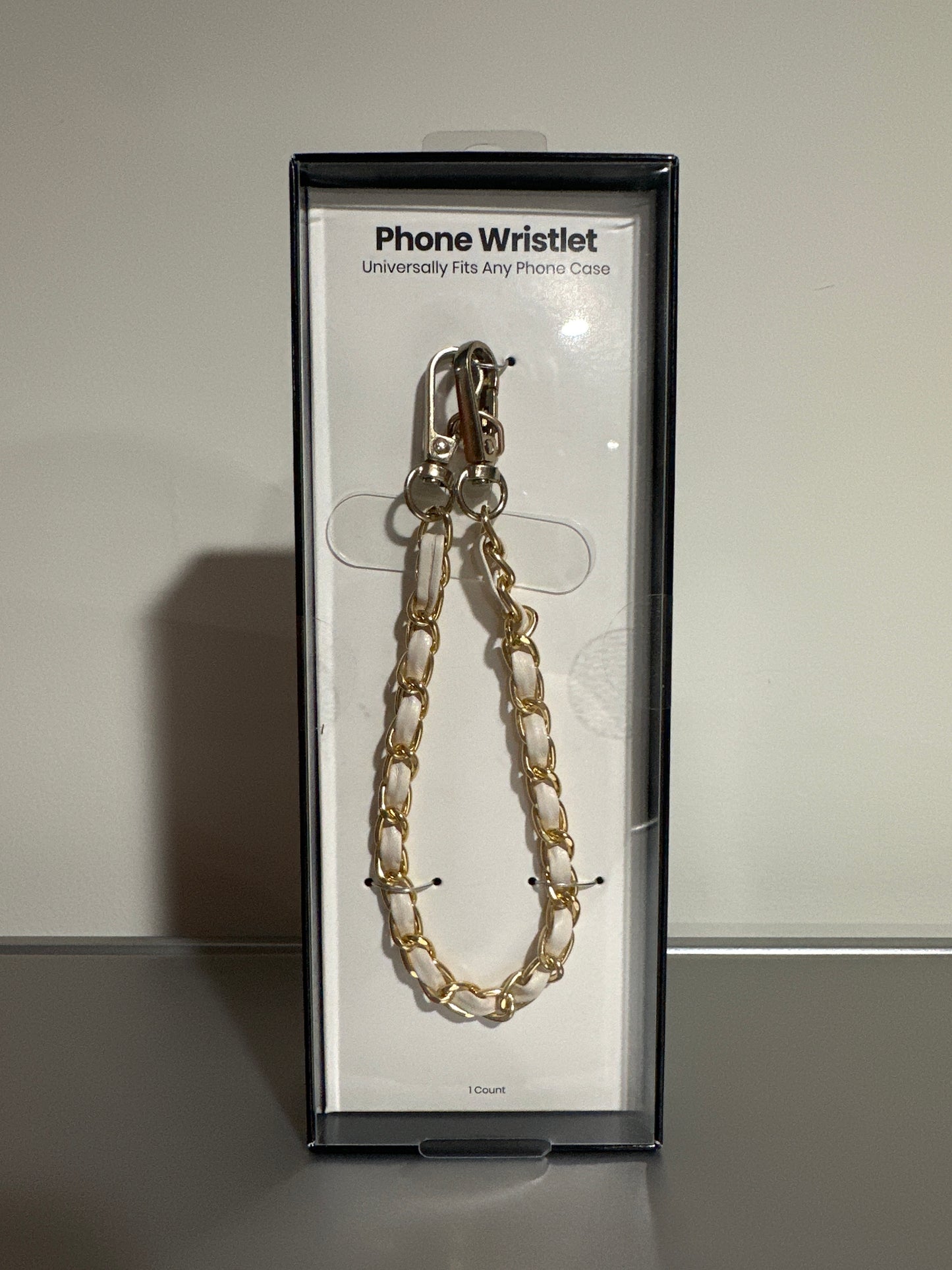 Hello Lux Phone Wristlet Golden Chain with Faux White Leather