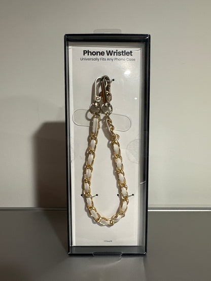 Hello Lux Phone Wristlet Golden Chain with Faux White Leather