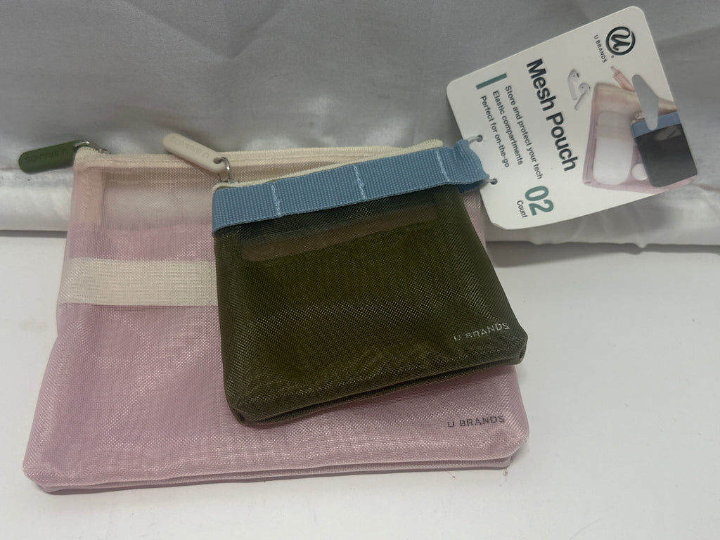 U Brands Mesh Tech Pouch 2 Pack Pink & Olive Travel Organizer Set