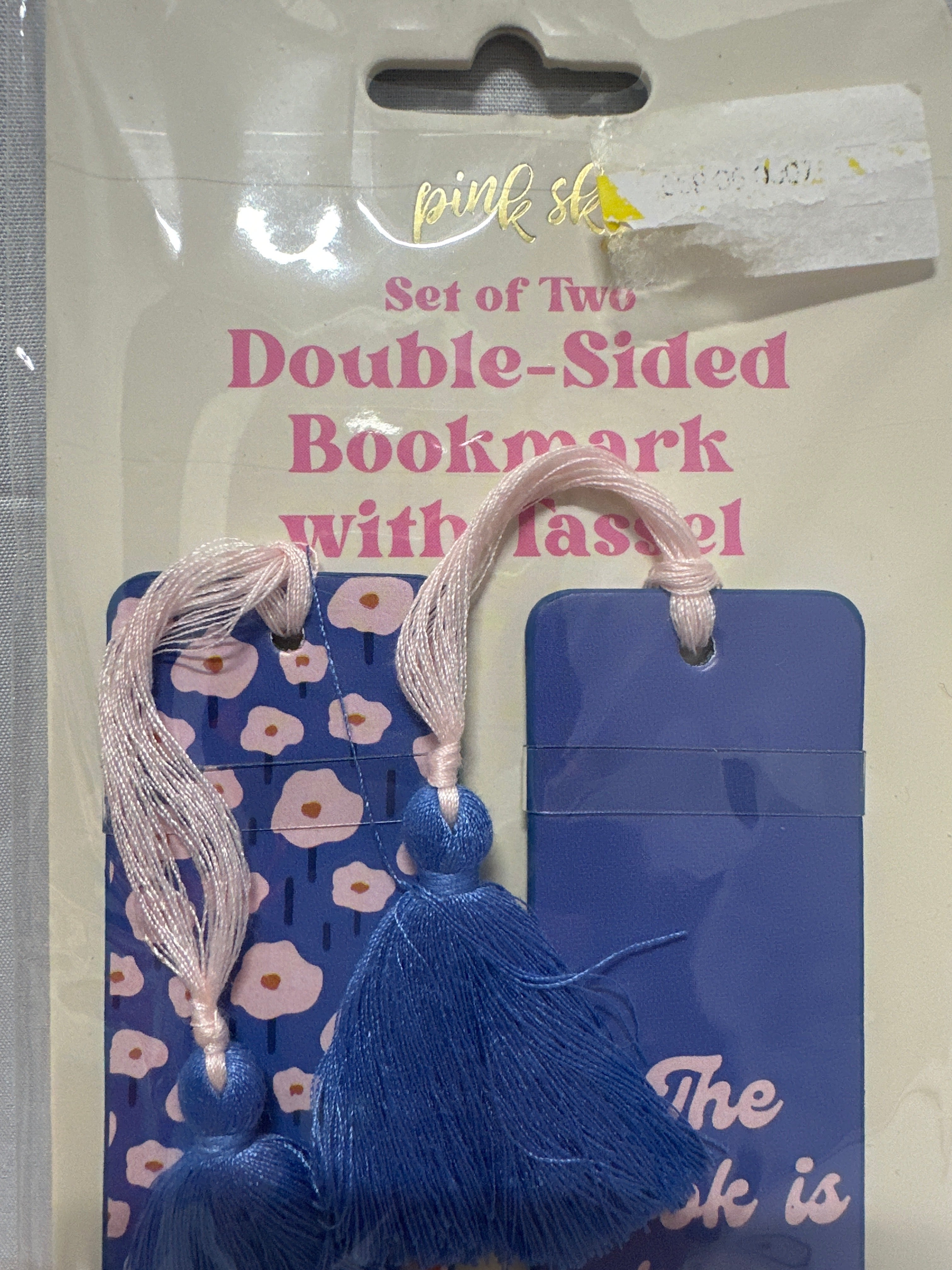 Pink Sky Set of 2 Double-Sided Vegan Leather Bookmarks Tassel Blue Floral