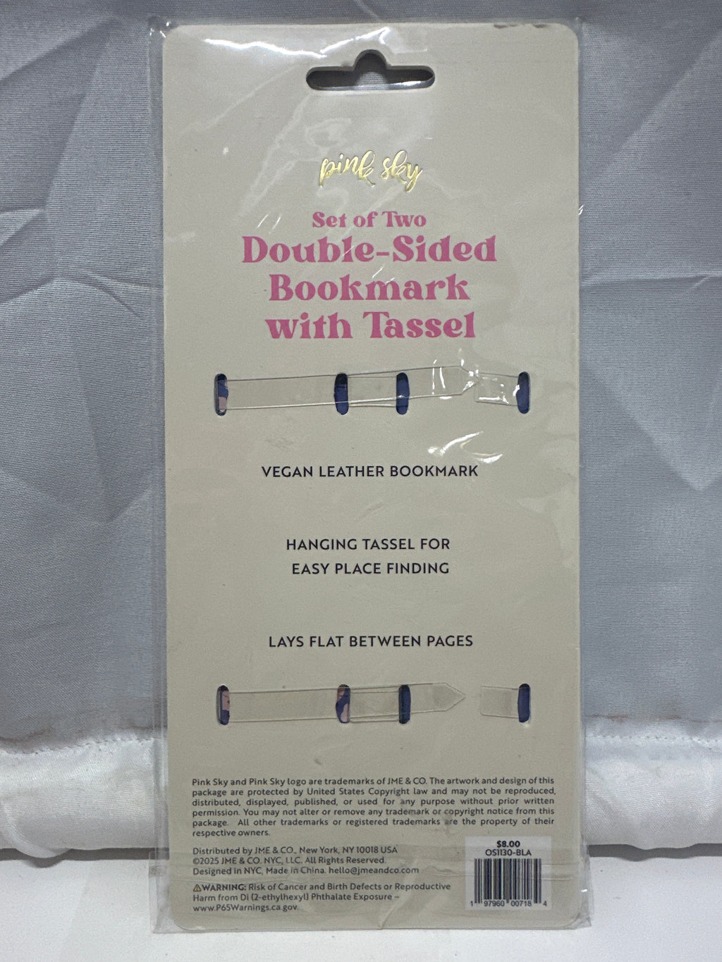 Pink Sky Set of 2 Double-Sided Vegan Leather Bookmarks Tassel Blue Floral