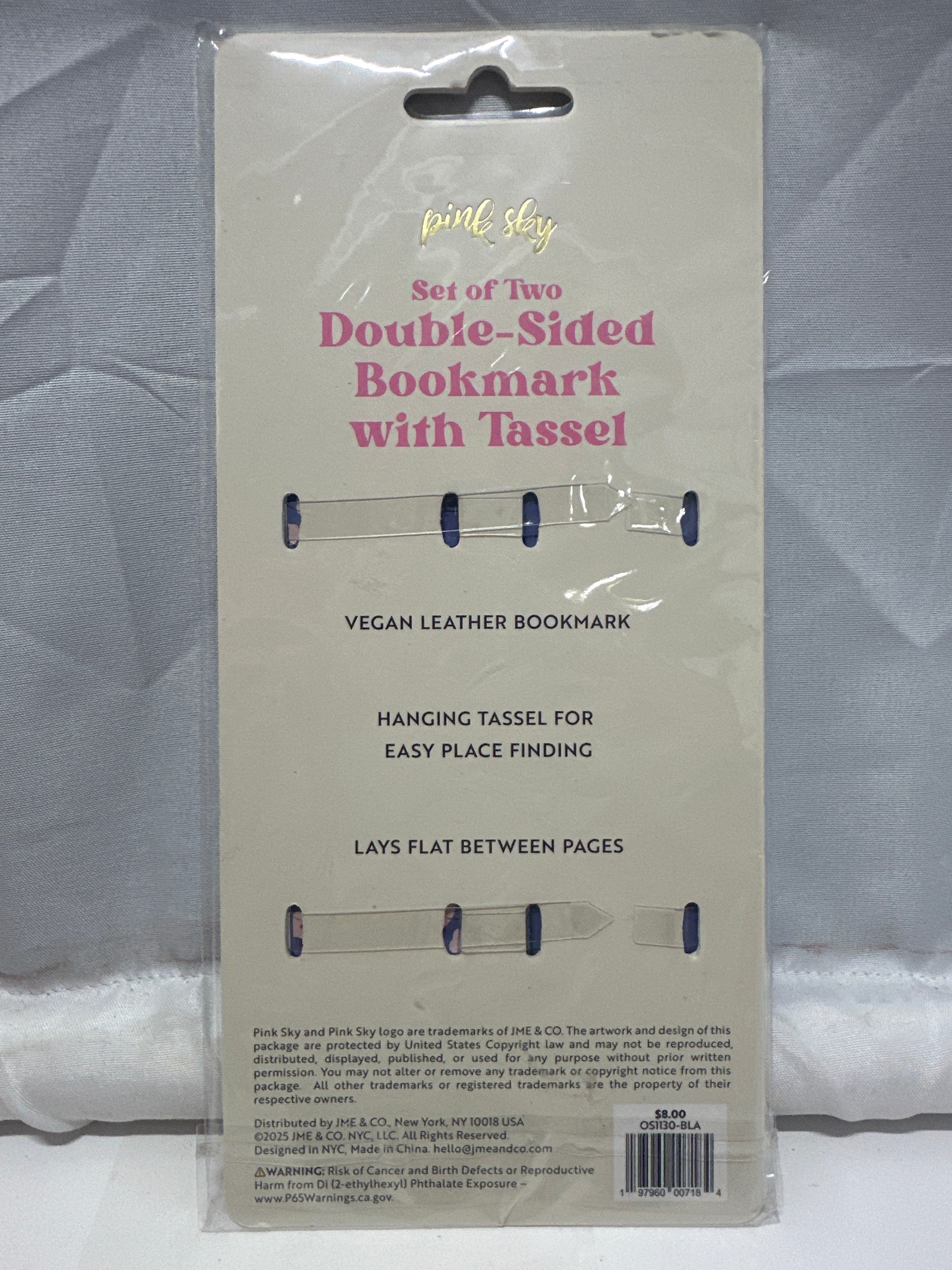 Pink Sky Set of 2 Double-Sided Vegan Leather Bookmarks Tassel Blue Floral