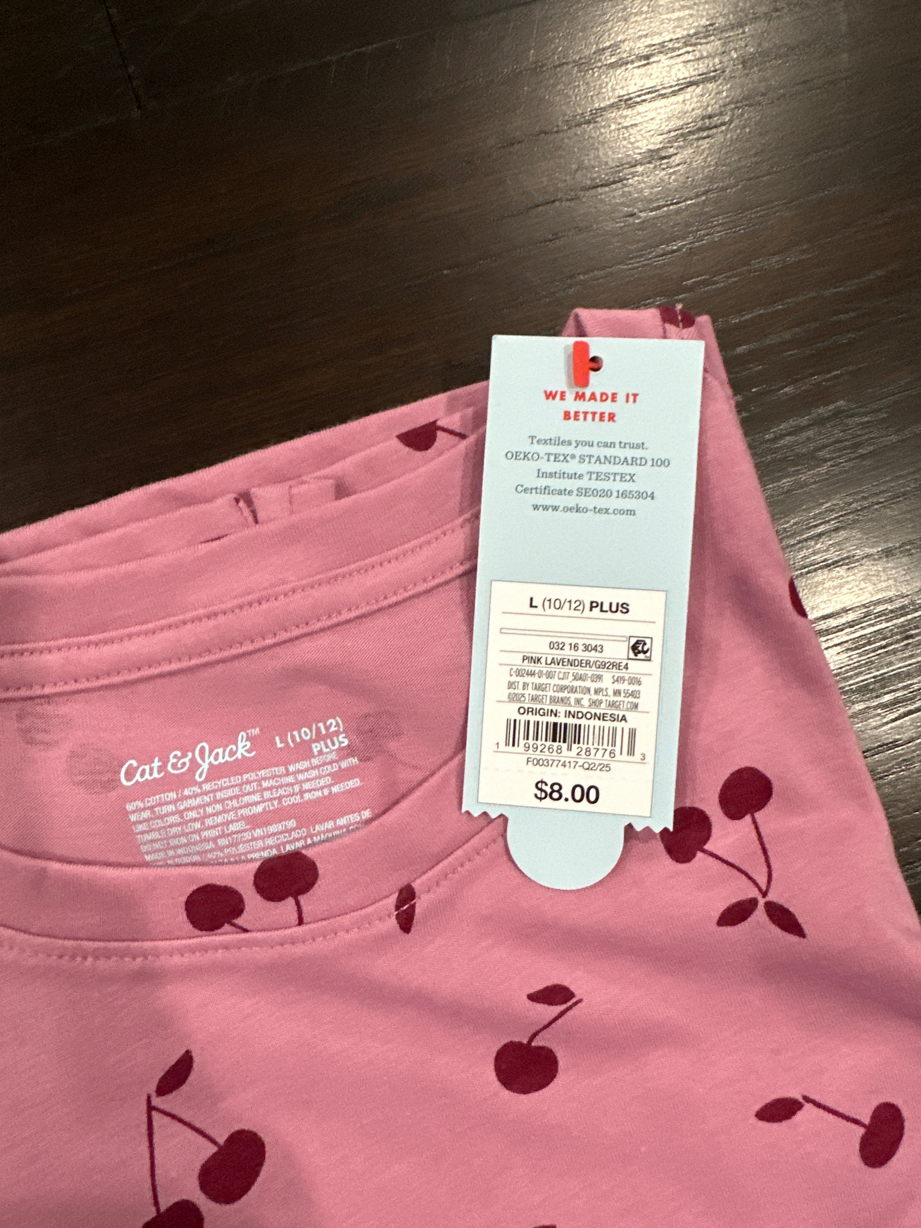 Cat & Jack Girls Long Sleeve Cherry Print Top Pink Size L 10/12