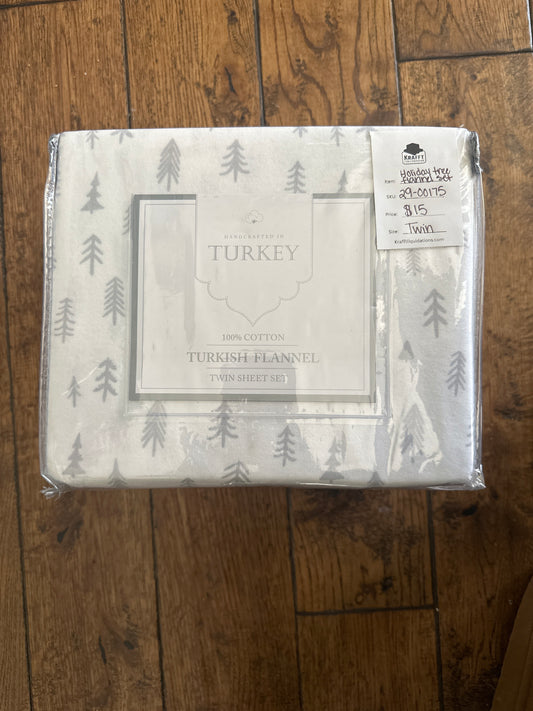 Turkish Flannel Queen Holiday Trees Flannel Sheet Set - 4-Piece, Grey-White